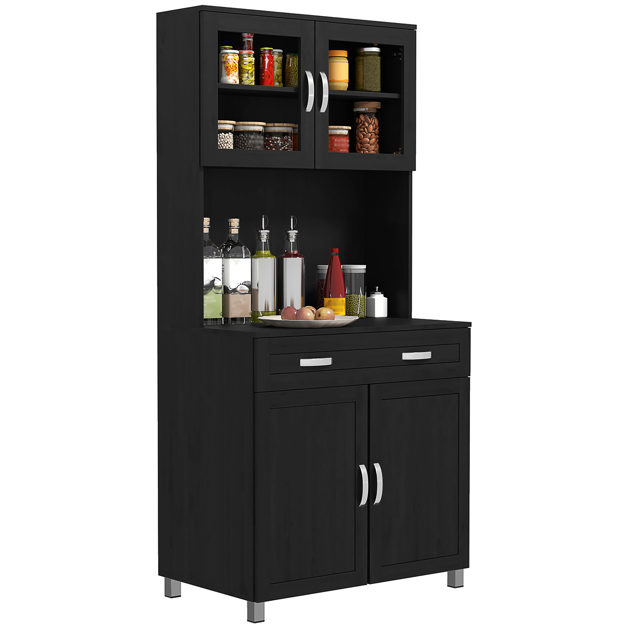 Hohes Küchenbuffet Mit 4 Türen, Schrank Mit Schublade, Massiver Arbeitsplatte, Verstellbaren Einlegeböden, Schwarze Aufbewahrungseinheit 80x48x170cm.