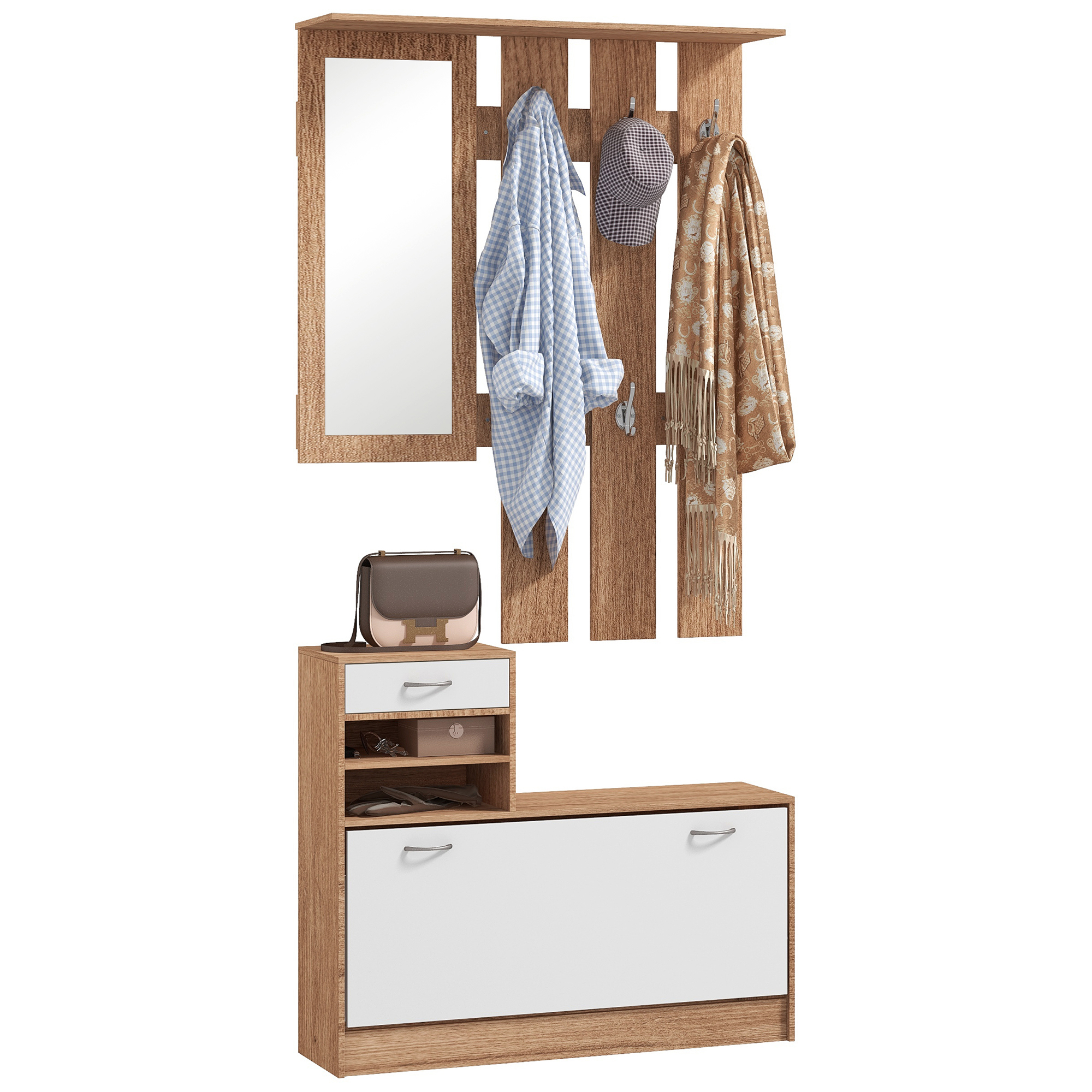 Garderobenschrank Mit Kleiderstange, Spiegel, Schuhbank, 6 Haken Und Verstellbarem Regalboden - Praktische Garderobe Für Den Flur.