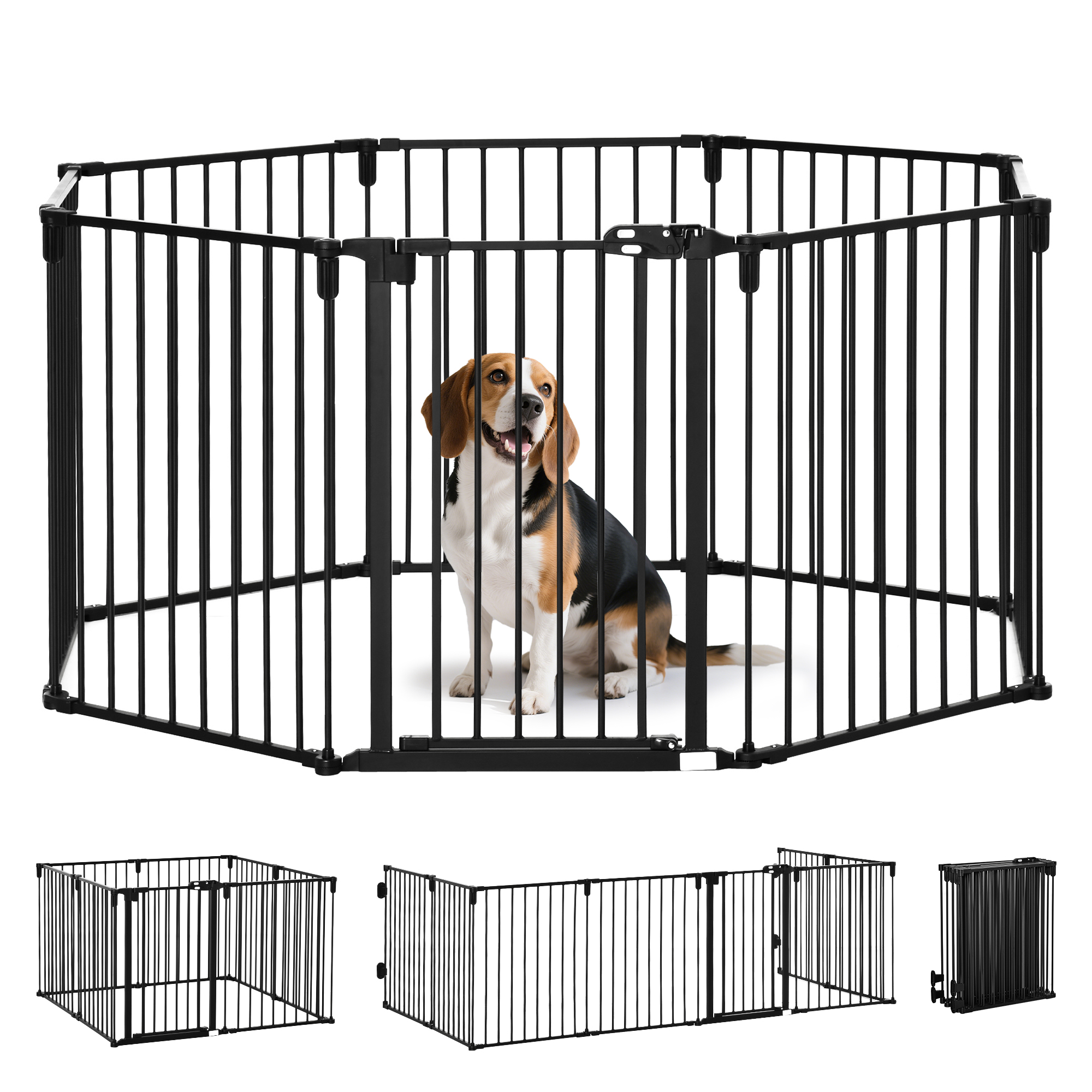 Pawhut Sicherheitswand, 8-teilige Modulare Faltbarriere Mit Tor, Kein Bohren Erforderlich, Für Hund, Kamin Oder Gehege, 482,5 X 76 Cm Schwarz.