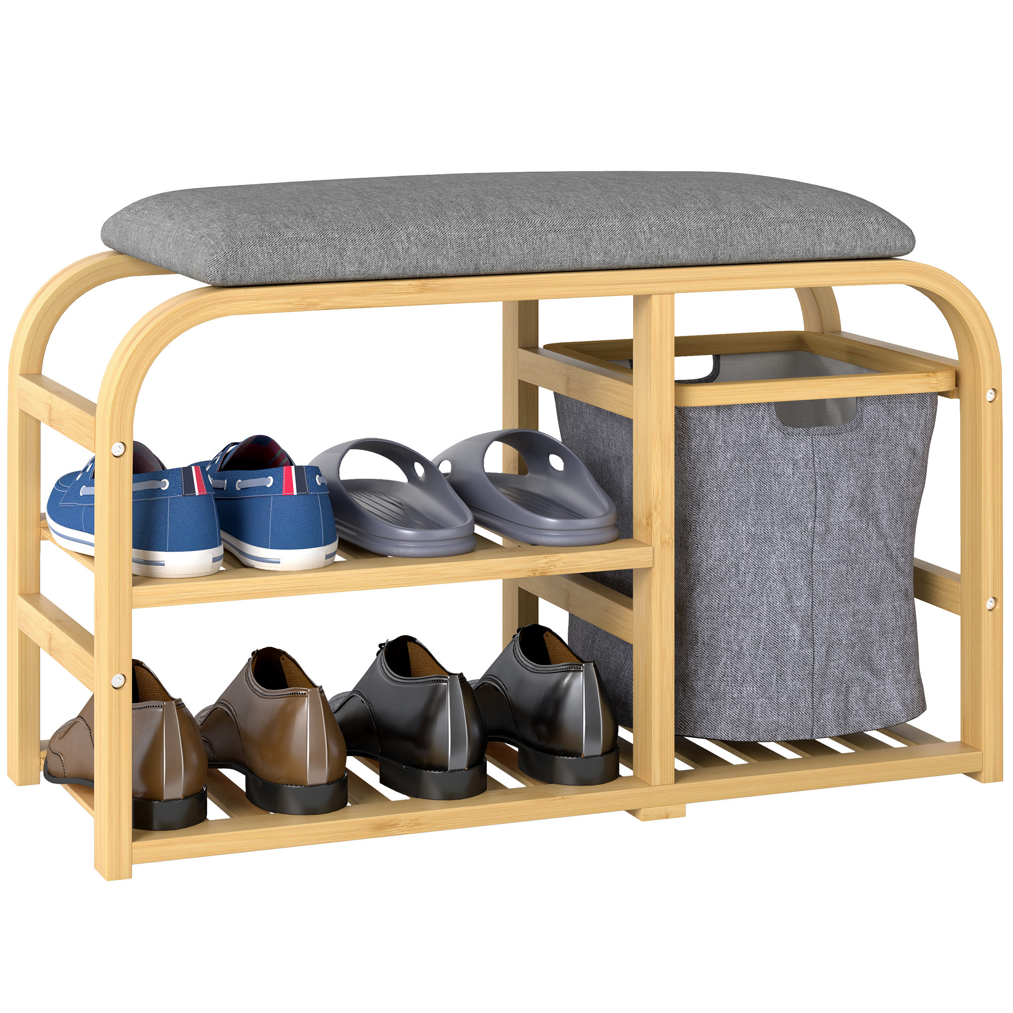 Schuhbank Mit Kissen, Ablageflächen Und Ausziehbarem Korb, 70x30x45cm, Naturholz, Bequeme Sitzfläche, Praktisches Eingangsmöbel, 2 Lattenrostebenen, Ausziehbarer Stoffkorb, Schuhaufbewahrung.