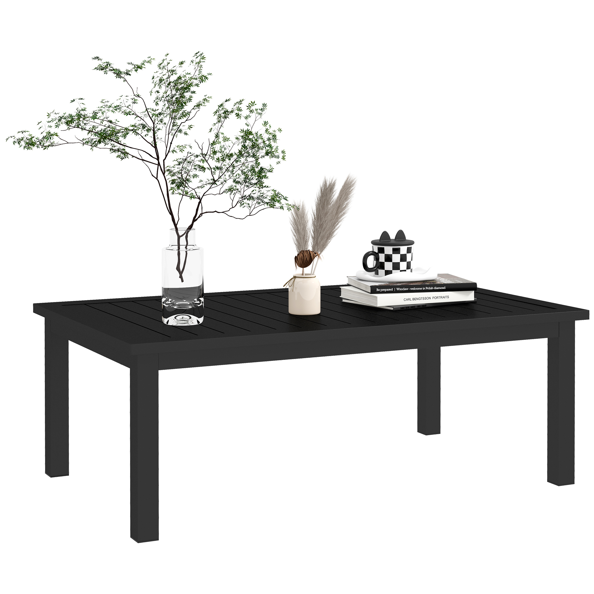 Rechteckiger Couchtisch Aus Schwarzem Aluminium, Lattenrost, Für Den Innen- Und Außenbereich Geeignet, 100 X 60 X 37 Cm, Modernes Und Langlebiges Design.