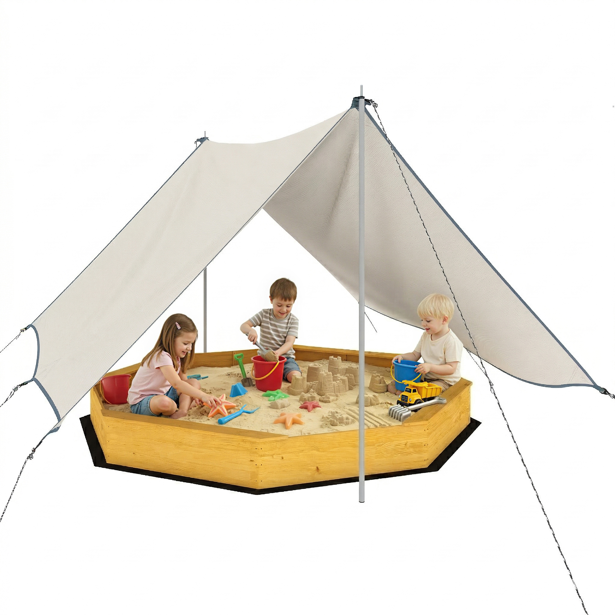 Holzsandkasten Für Kinder Mit Gelbem Sonnendach, Sandkasten Für Den Außenbereich Mit 4 Eingebauten Bänken Und Bodenauskleidung, Sandkiste Für Den Garten, Spielgerät Für Kinder Im Freien.