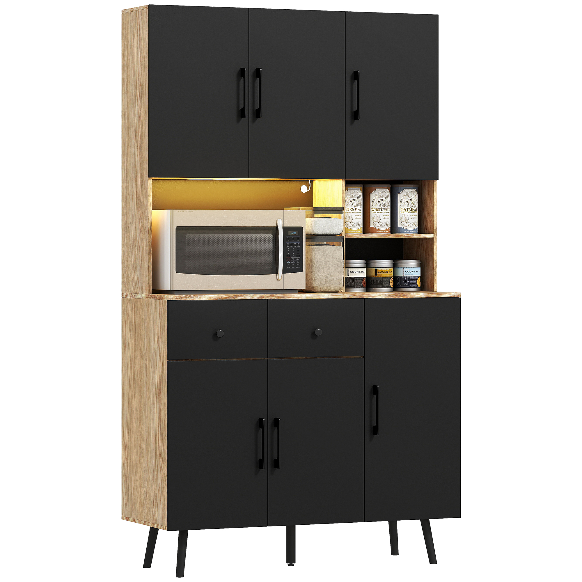 Rgb-led-küchenbuffet, Hohes Aufbewahrungsmöbel Mit 6 Türen Und 2 Schubladen, Schwarze Arbeitsplatte 100x40x176 Cm, Beleuchteter Designschrank Für Die Moderne Küche.