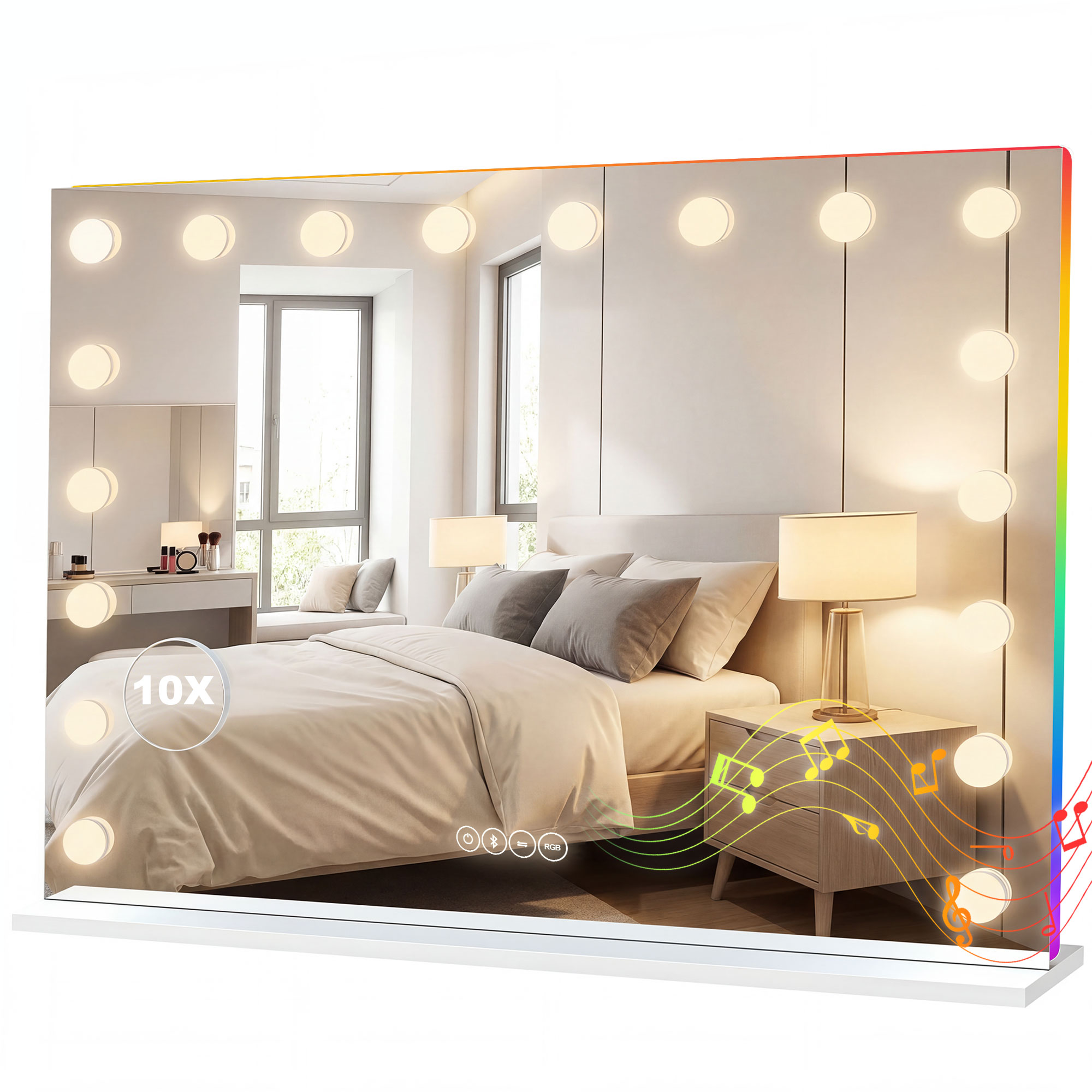 Hollywood Schminkspiegel Mit 18 Dimmbaren Led-lampen, 3 Farben, Rgb-licht, Bluetooth-lautsprecher, 10x Vergrößerung Weiß