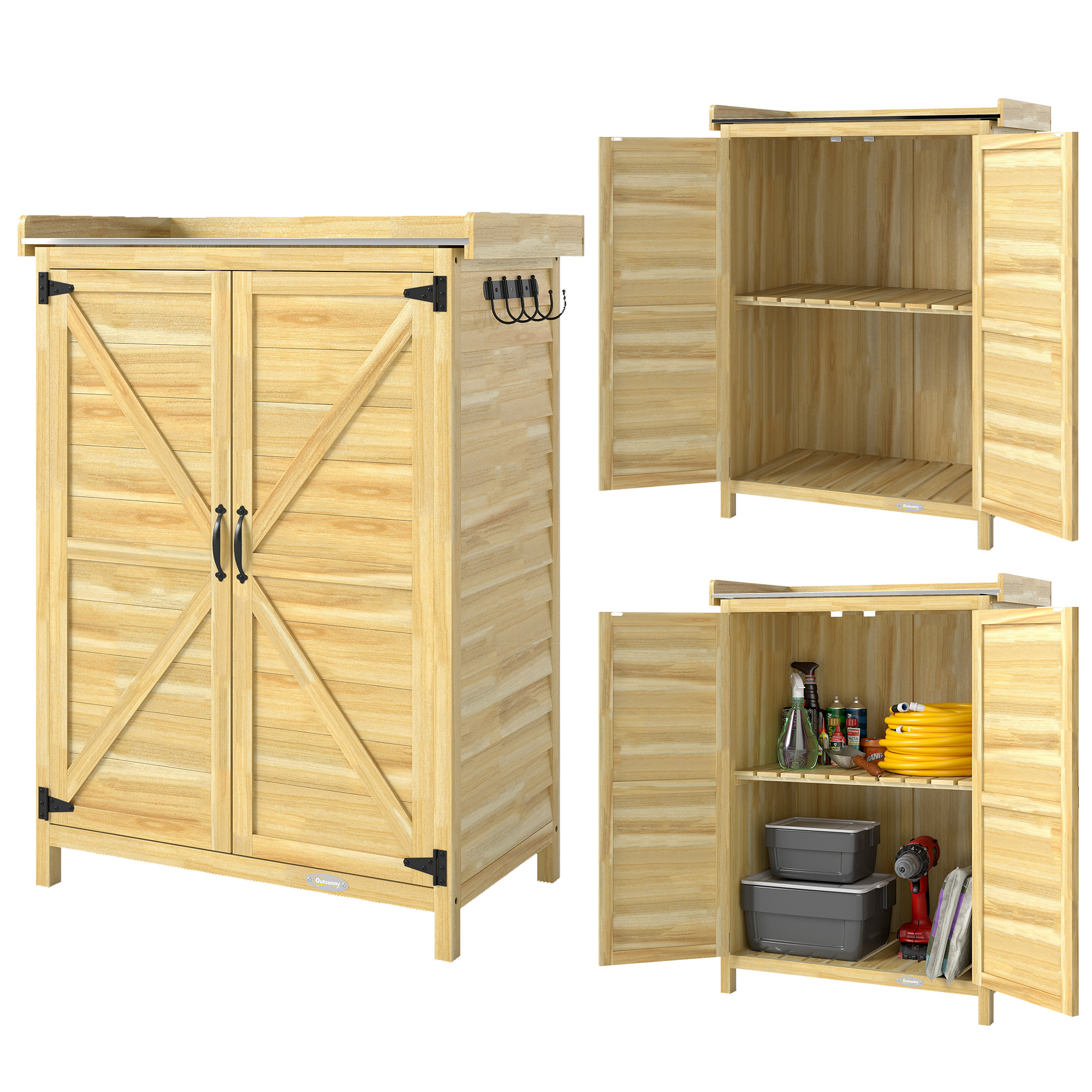 Gartenschrank Aus Holz, Arbeitsplatte Aus Verzinktem Metall, 71,5 X 39 X 95 Cm, Natürliches, Robustes Möbelstück, Ablage Für Gartengeräte Und Zubehör.