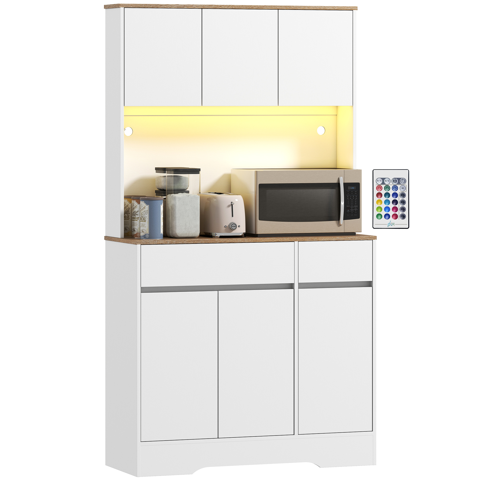 Hoher Küchenbuffetschrank Mit Rgb-led-beleuchtung, Weißer Arbeitsplatte, 6 Türen Und 2 Schubladen, Elegant Und Funktional.