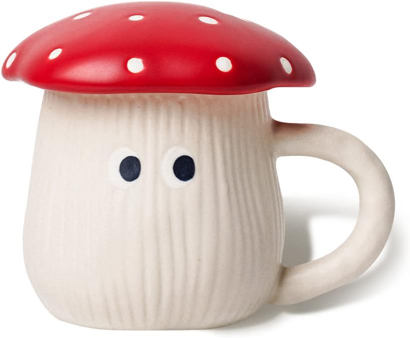 Wunderschöner, Pilzförmiger Becher Mit Deckel, Handemailliert Mit Dekorativen Augen, Sicherer, Matter Keramik-milchbecher, 300 Ml.