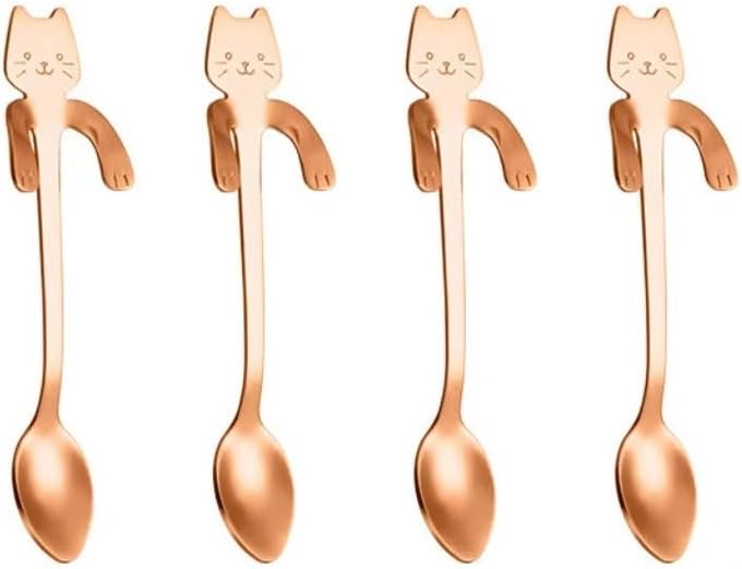 Ein Set Aus Vier Katzenförmigen Edelstahllöffeln Zum Aufhängen Am Tassenrand (roségold).