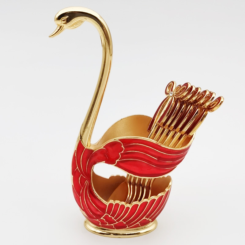 6-teiliges Besteckset Für Kaffeelöffel Und Dessertlöffel Mit Dekorativem Schwanenförmigem Ständer (rot Und Gold).