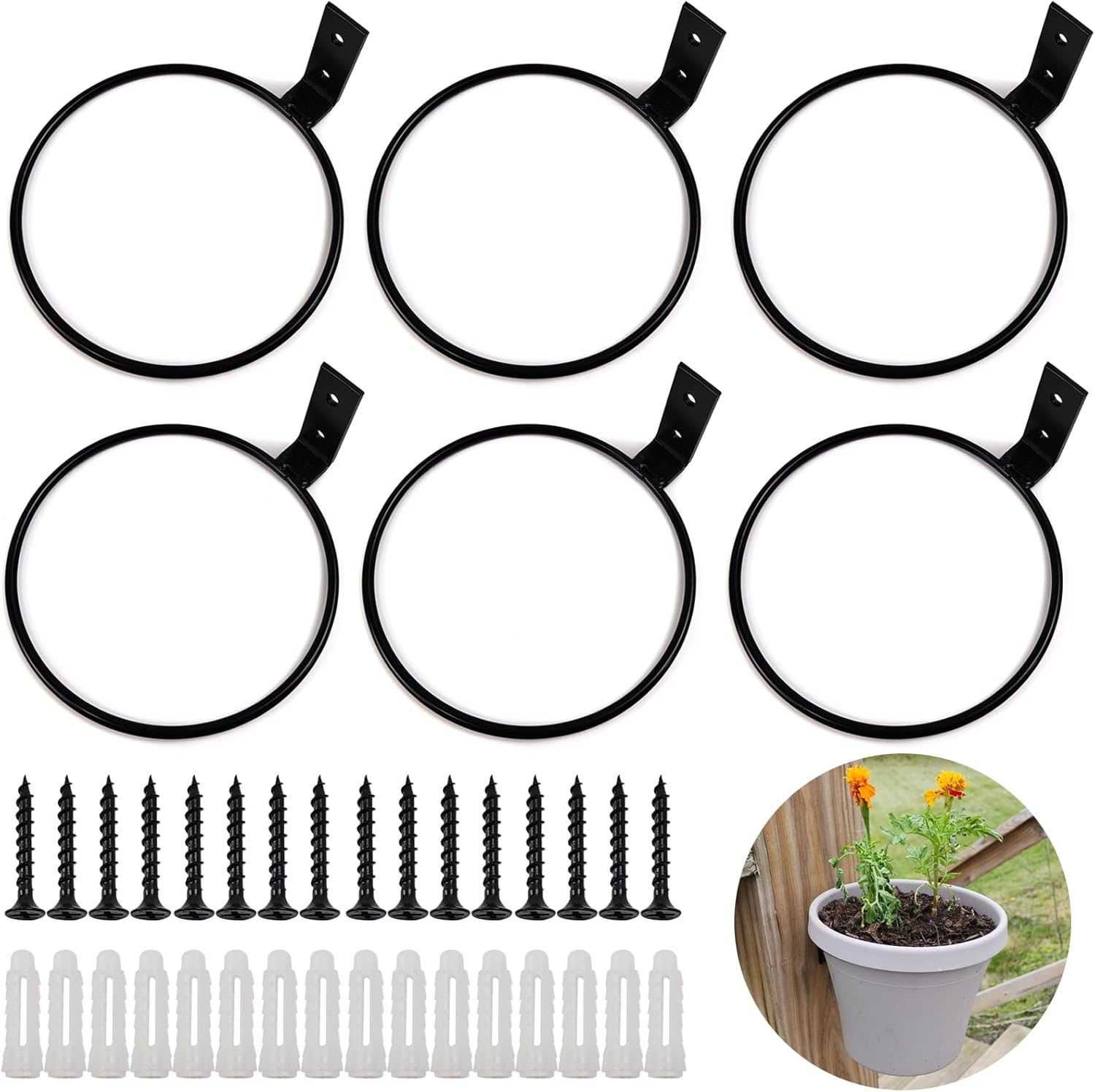 Set Mit 6 Mattschwarzen Metall-pflanztopfringen, 20 Cm, Zum Aufhängen Von Pflanzen An Der Wand.
