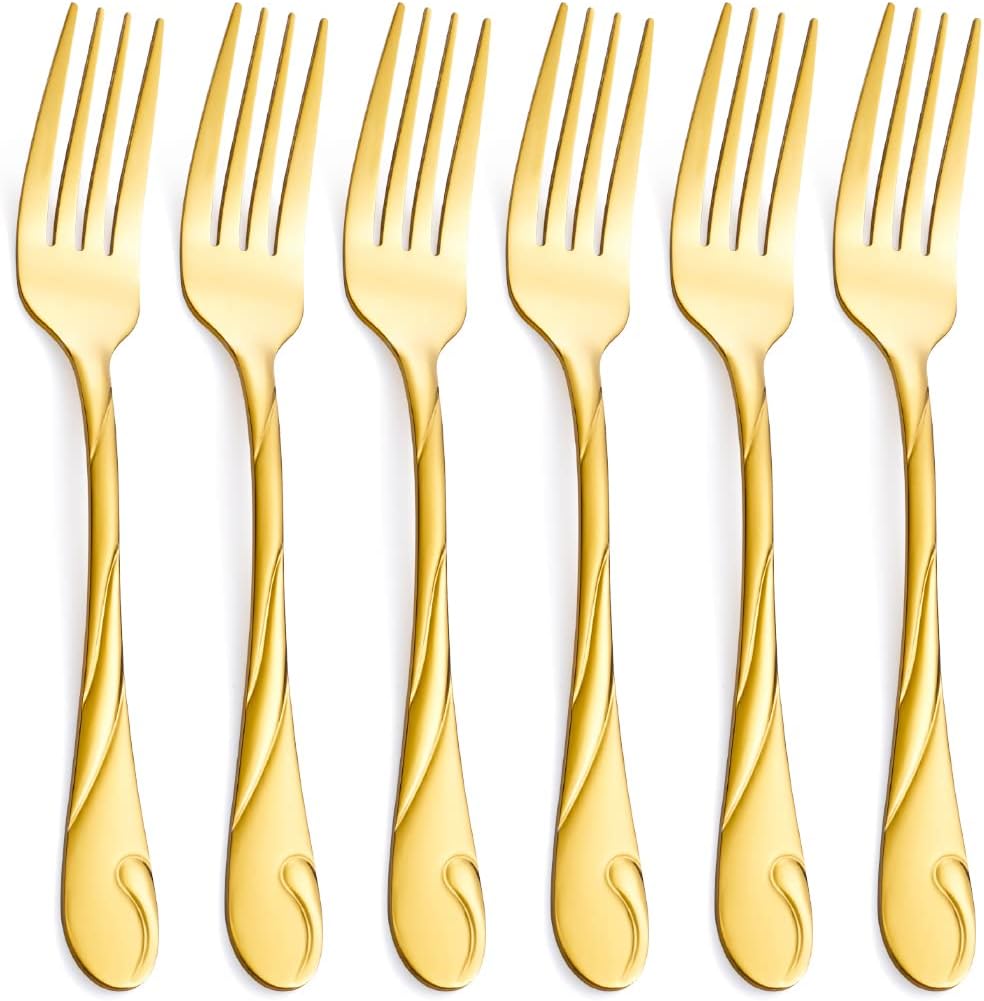 Set Aus Goldenen Gabeln Mit Geschwungenen Griffen, Glänzende Goldene Edelstahlgabeln (6-teilig)
