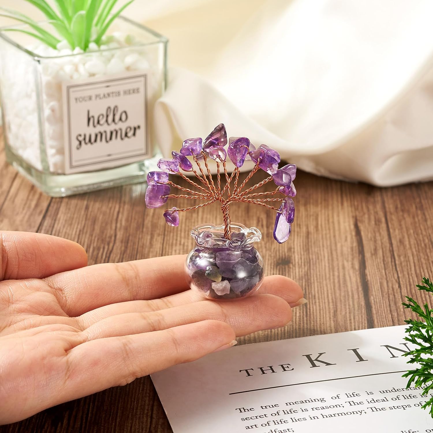 Silberner Und Natürlicher Amethystbaum, Verziert Mit Kupferdraht – Silberkristallbaum (2,4 X 2,4 X 5,5 Cm)