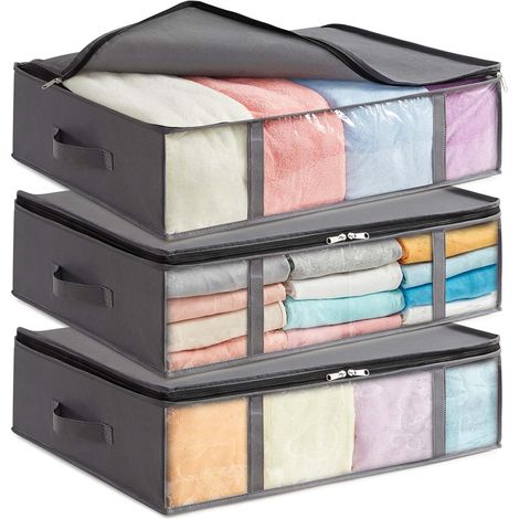 Aufbewahrungstaschen Für Unter Das Bett, Faltbare Kleiderbox, Bettbezug, Kleiderschrank-organizer Mit Sichtfenster Für Handtücher Und Decken, Grau, 40 L, 3er-set