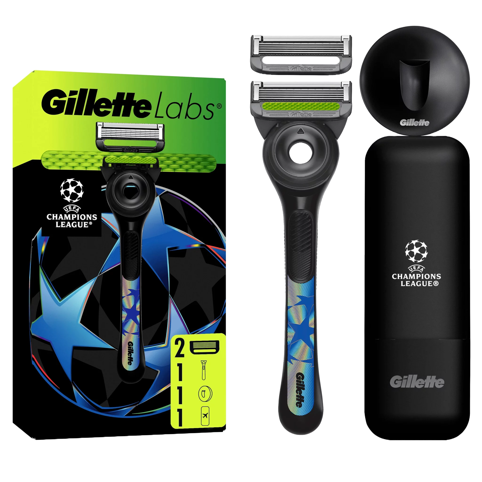 Gillette Labs Rasierapparat Mit 2 Klingen Handstück + Slim Travel Case "uefa Champions League" Rasierer + Reiseetui