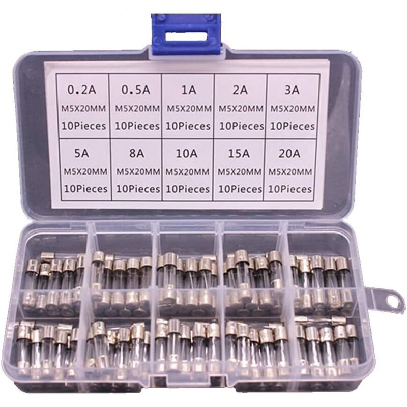 Packung Mit 100 Glassicherungen 5x20mm – Stromstärke 0,2a Bis 20a – Spannung 250v – Schnelle Auslösung – Schutz Elektrischer Schaltkreise