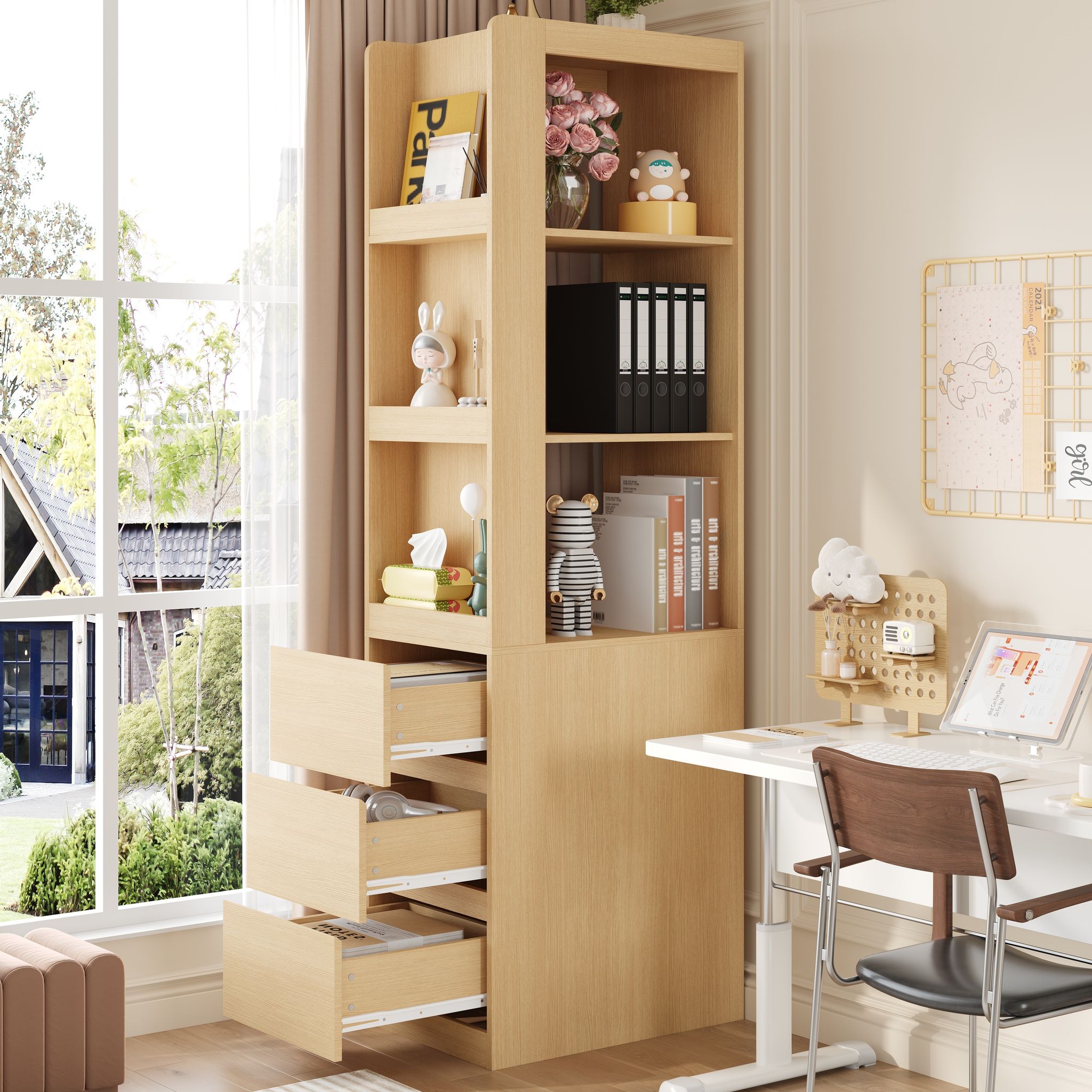 Platzsparendes, Schmales Regal, Badezimmerschrank, 200 Cm Hoch – Standregal Mit 3 Offenen Fächern Und 3 Schubladen, Beidseitig Aufstellbar, Mit Kippschutz, Maße 60 × 40 × 200 Cm