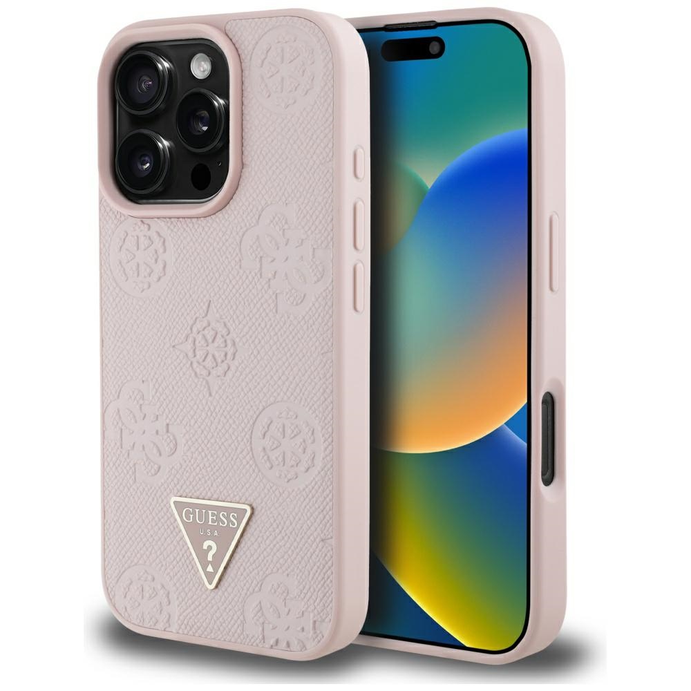 Guess Magsafe Hülle Mit Genarbter Heißprägung Und Pfingstrosen-dreieckslogo Für Iphone 16 Pro, Pink