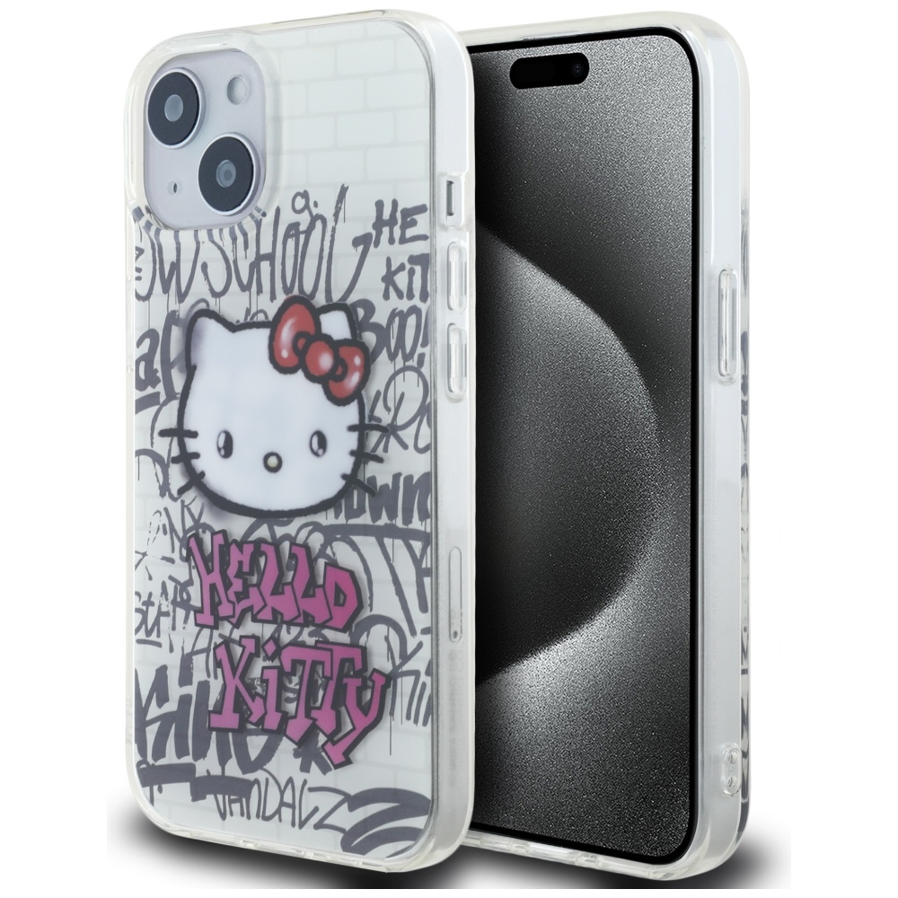 Hello Kitty Hkhcp15shdgpht Iphone 15 / 14 / 13 6,1" Weiße/weiße Hartschalen-hülle Mit Iml Kitty On Bricks Graffiti-motiv