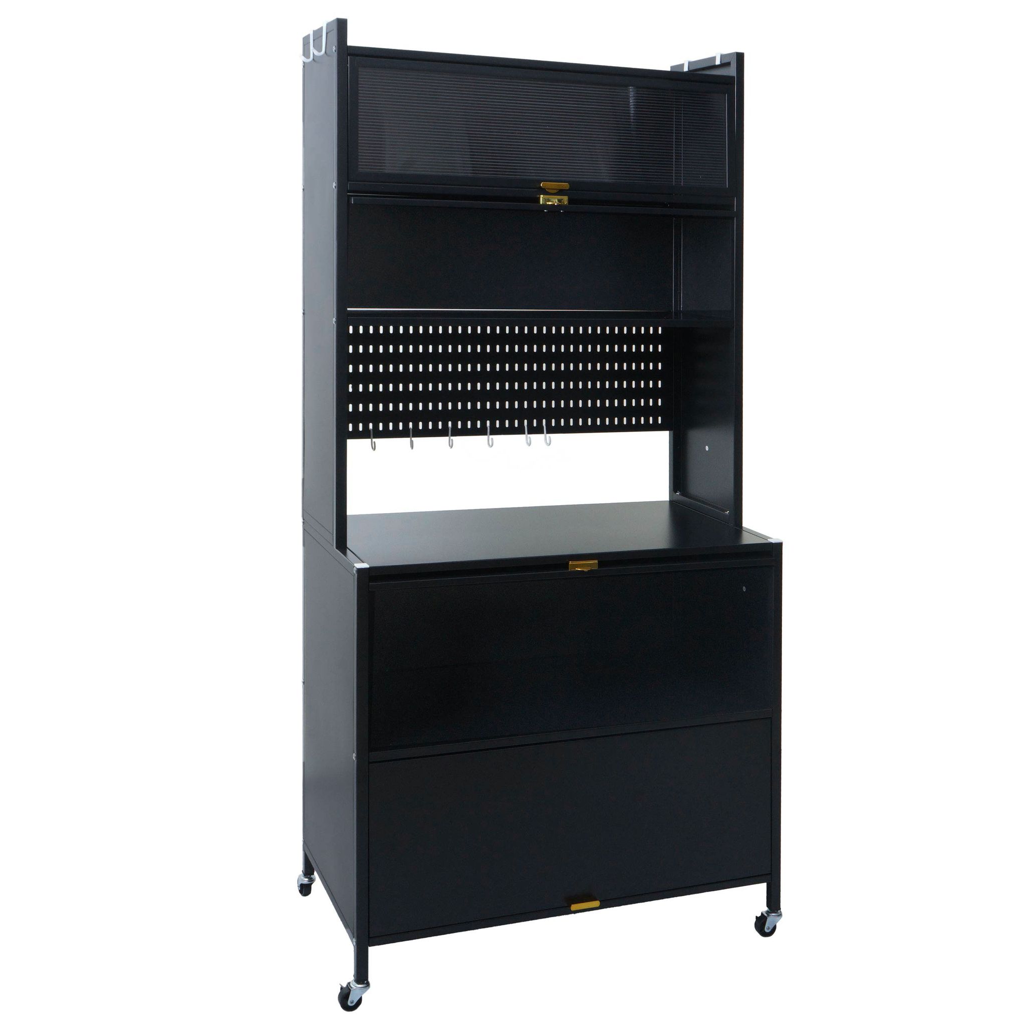 [neuwertig] Küchenschrank Hhg-478, Küchenregal Schrank Arbeitsplatte Schrankfächer Rollbar Metall 175x80x42cm Schwarz