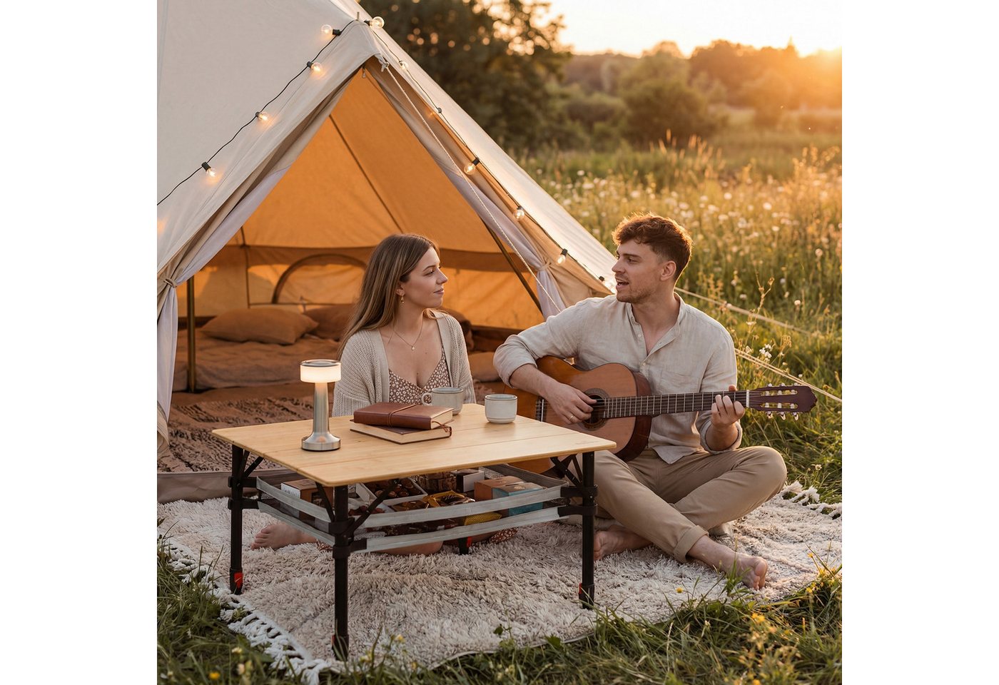 Homecall Klapptisch Bambus Camping-klapptisch Höhenverstellbar 47–65 Cm, (natürliche Bambus-tischplatte, Aluminiumrahmen, Abnehmbares Netzfach, Tragbarer Outdoor-picknicktisch) (holzfarbe)