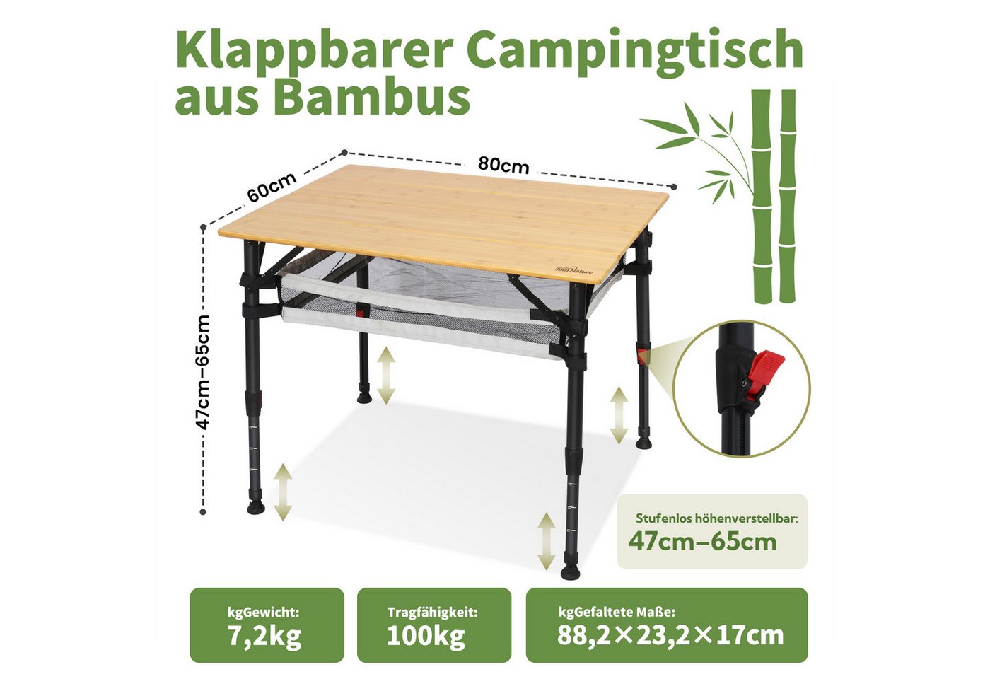 Homecall Klapptisch Bambus Camping-klapptisch Höhenverstellbar 47–65 Cm, (natürliche Bambus-tischplatte, Aluminiumrahmen, Abnehmbares Netzfach, Tragbarer Outdoor-picknicktisch) (holzfarbe) Bild 3
