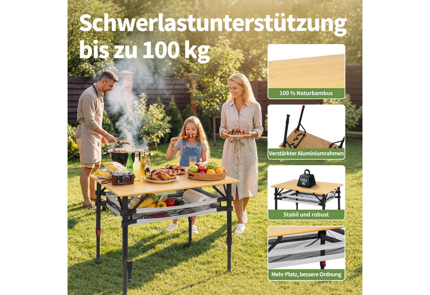 Homecall Klapptisch Bambus Camping-klapptisch Höhenverstellbar 47–65 Cm, (natürliche Bambus-tischplatte, Aluminiumrahmen, Abnehmbares Netzfach, Tragbarer Outdoor-picknicktisch) (holzfarbe) Bild 4