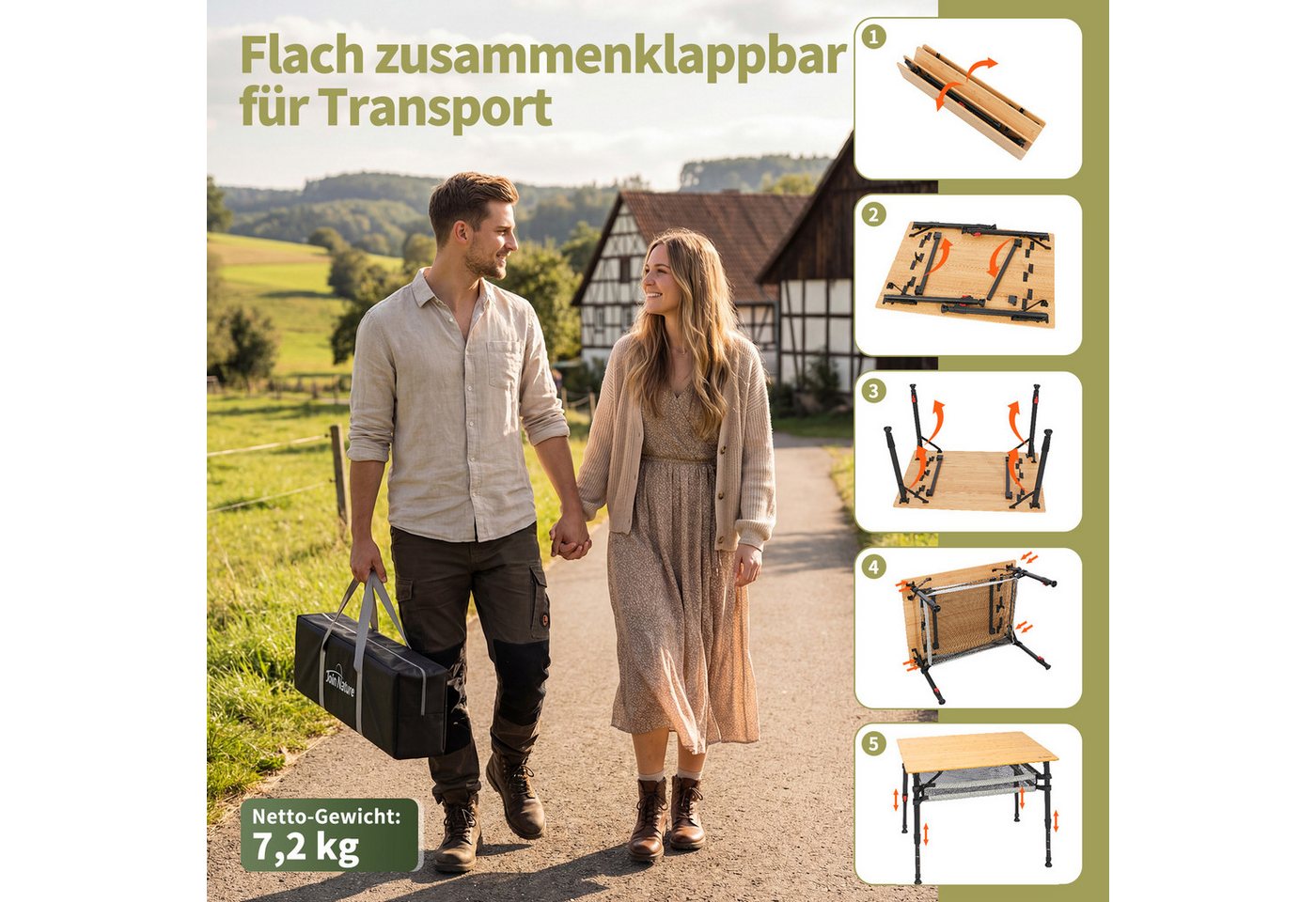 Homecall Klapptisch Bambus Camping-klapptisch Höhenverstellbar 47–65 Cm, (natürliche Bambus-tischplatte, Aluminiumrahmen, Abnehmbares Netzfach, Tragbarer Outdoor-picknicktisch) (holzfarbe) Bild 5