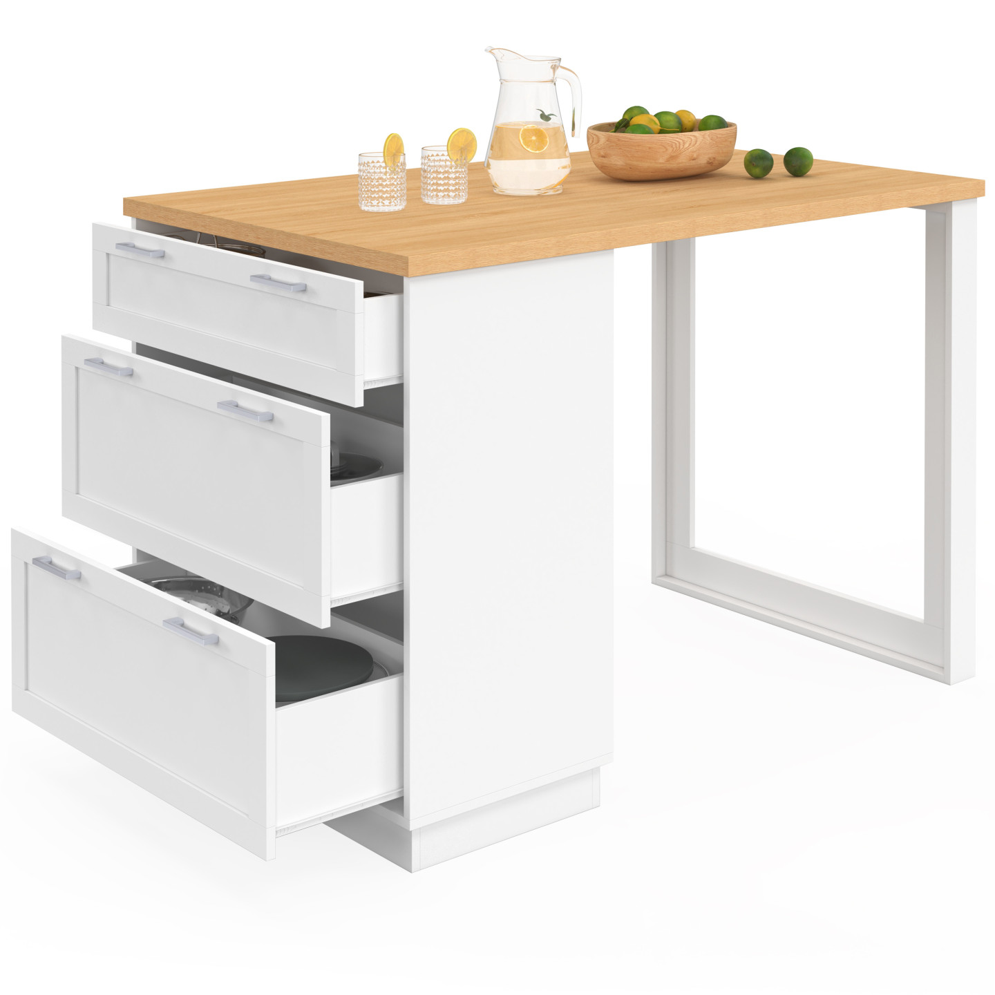 4-personen-stehtischinsel Vito 130 Cm Mit 3 Schubladen In Weiß Und Holzplatte
