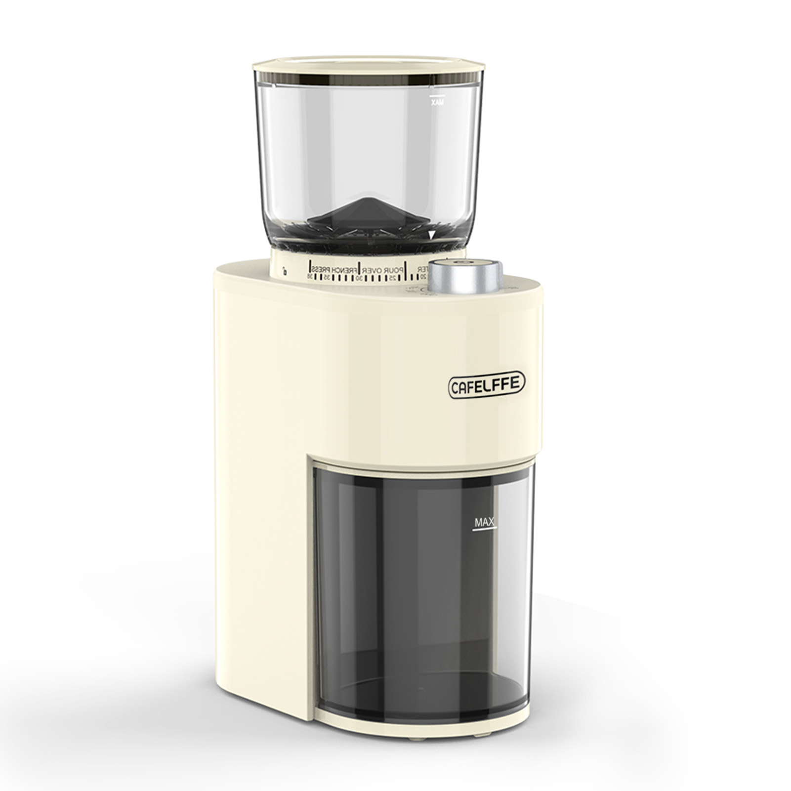 Elektrische Kaffeemühle Mit 38 Mahlgradeinstellungen, 7-stufigem Timer, 420er Kegelmahlwerk Mit 6 Edelstahlklingen, 450 U/min Drehzahl, 150 G Fassungsvermögen, Beige Farbe, Rutschfester Standfuß Und E