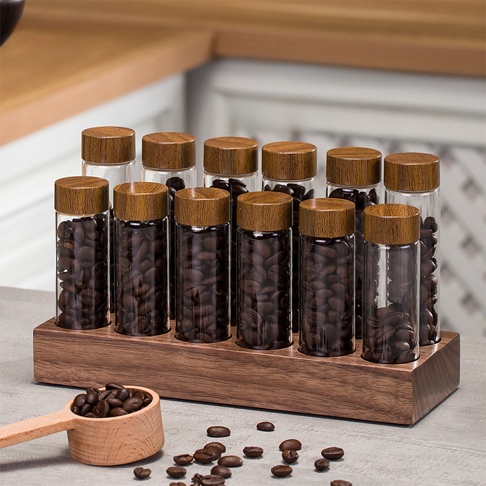[einzelportions-kaffeeaufbewahrungsröhrchen] 12-teiliges Einzelportions-kaffeeaufbewahrungsröhrchen Aus Borosilikatglas Mit Holz Und Trichter Für Baristas