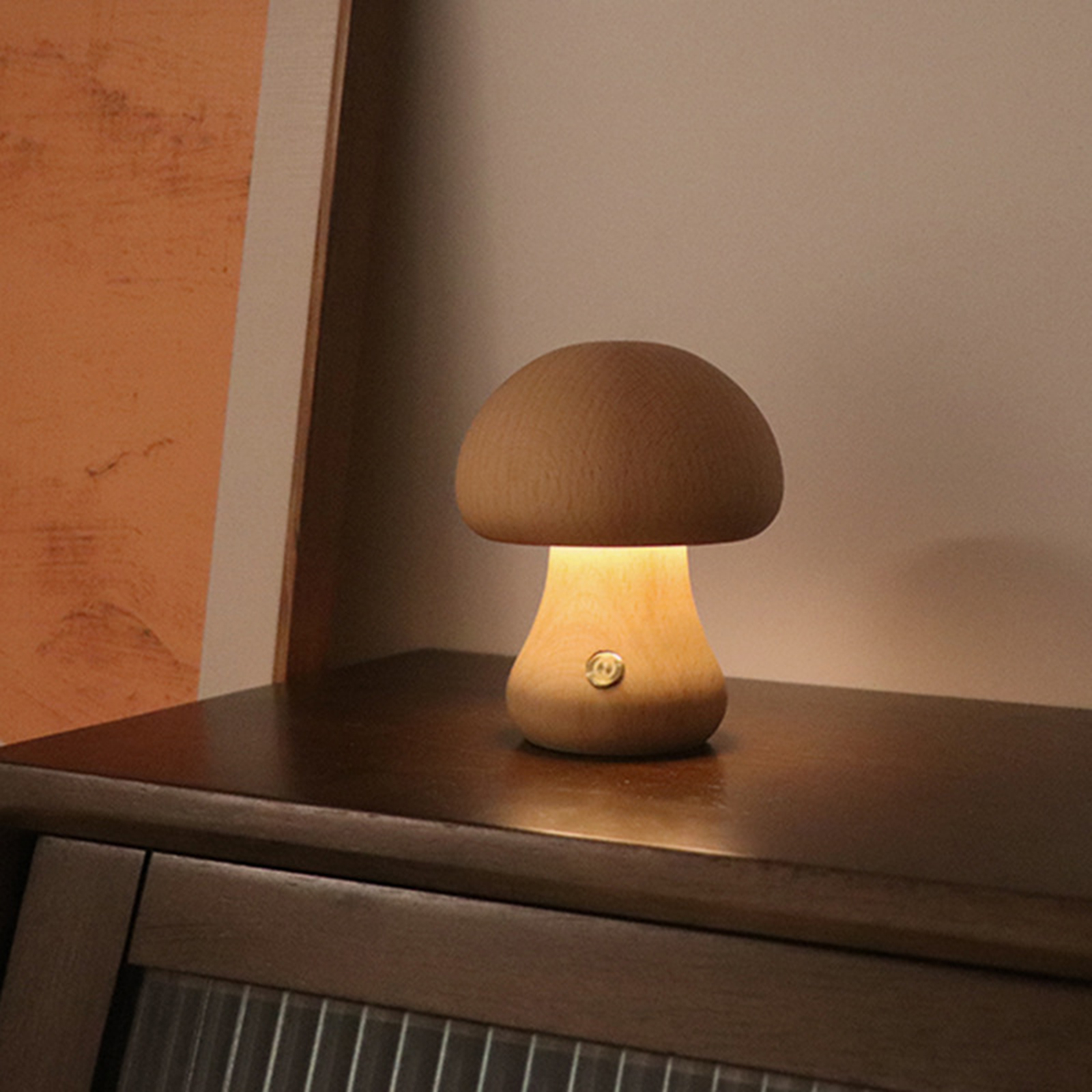 Moderne Pilzlampe, Usb-aufladbar, Holzdesign, Maße 19 X 12 X 12 Cm, Farbe: Kaffeebeige, Minimalistisch, Sanftes Licht, Wohnaccessoires, Nachtlicht, 1 Stück