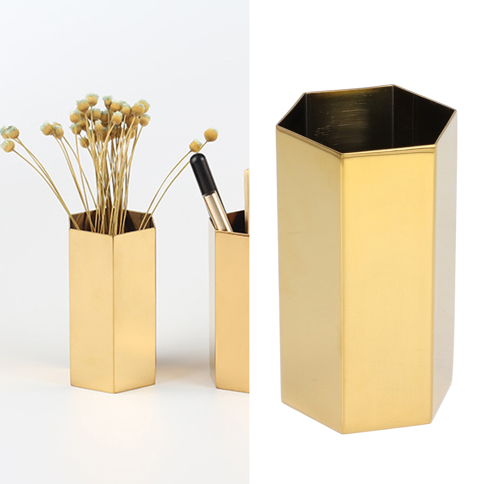 Eleganter, Langlebiger, Glänzend Goldplattierter Sechseckiger Stiftehalter Aus Galvanisiertem Edelstahl Für Den Bürogebrauch Und Als Geschenk (poppodium 10,7 Cm)