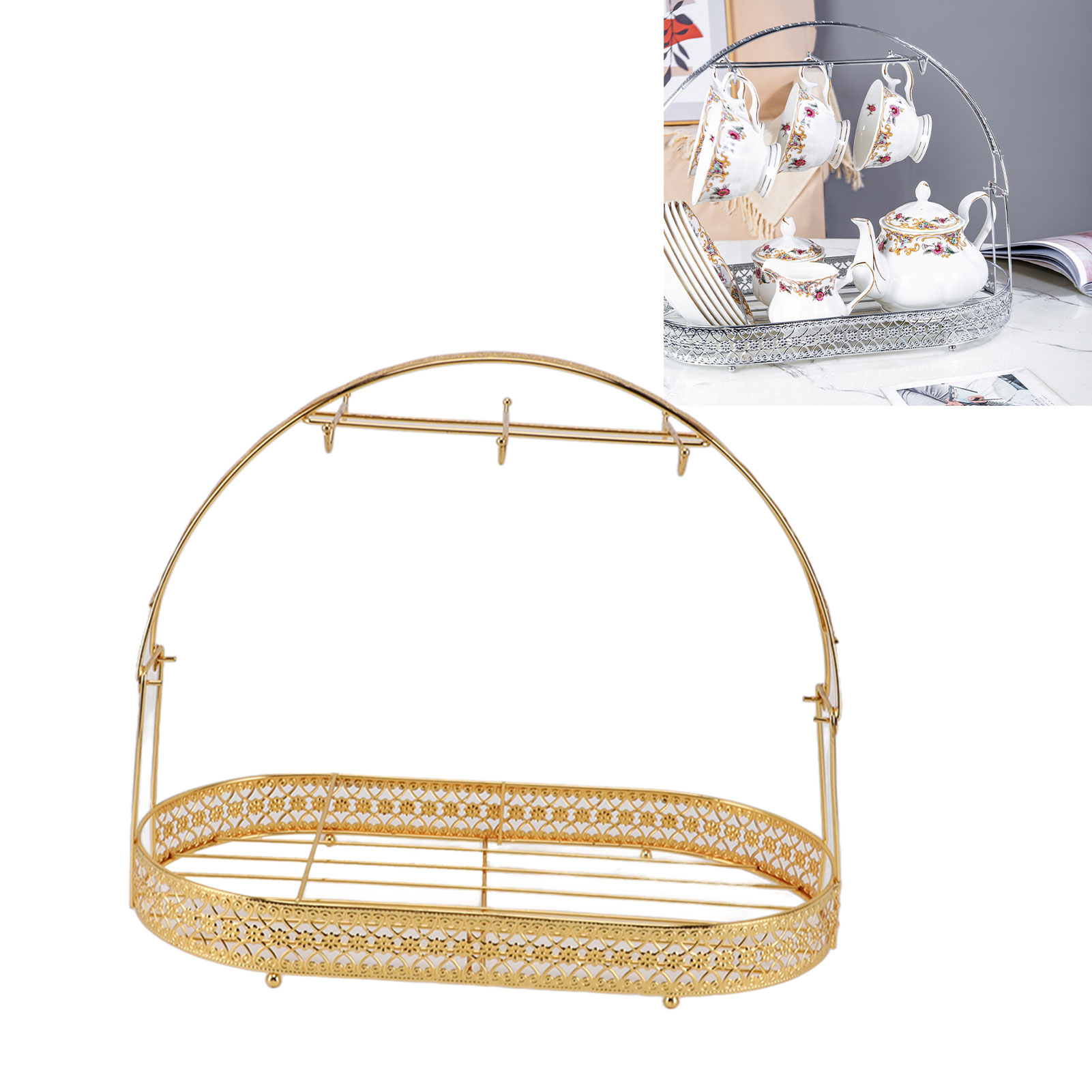 Tassenablage Mit 6 Haken, 40 Cm Großer Aufbewahrungsorganizer Aus Eisen, Stapelbares Abtropfgestell Für Büro, Küche, Restaurants Und Büros (gold)