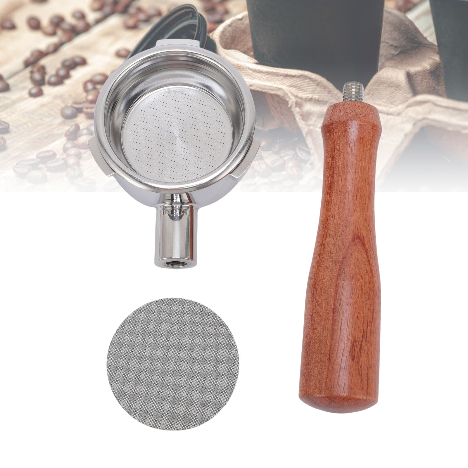Universeller 58-mm-dreiohr-siebträger Mit Holzgriff Und Tamper-siebkorb Für Espressokaffee - Kompatibel Mit Maschinen Bekannter Marken (edelstahl Und Massivholz, Bodenloses Design, Doppelter Pulverkor