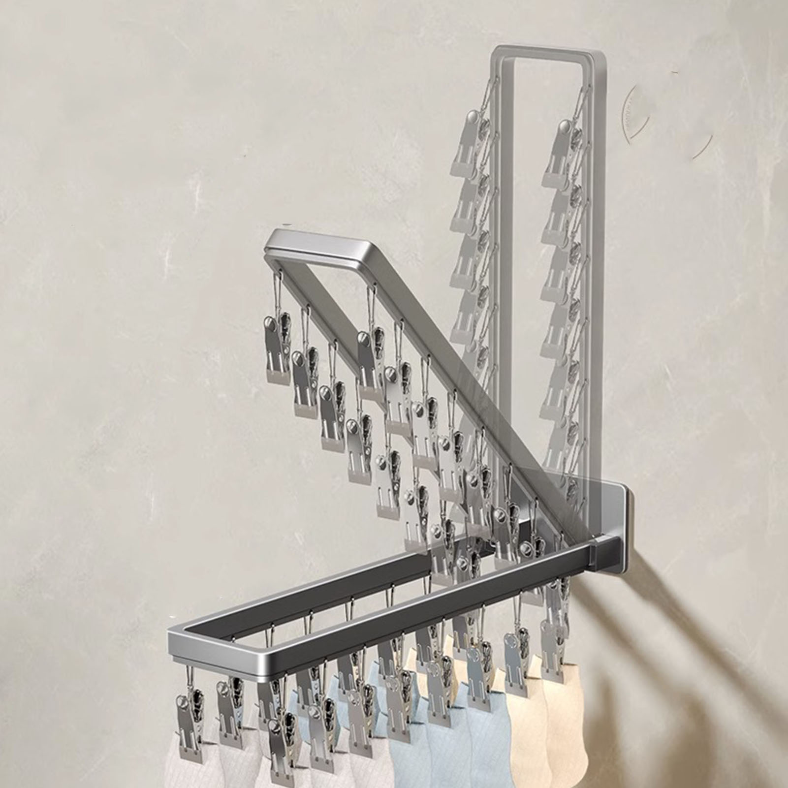 [wäschetrockner] Wandhaken Mit Clips Für Socken Und Unterwäsche, 16 Zinkclips, Faltbar 43 Cm, Winddicht