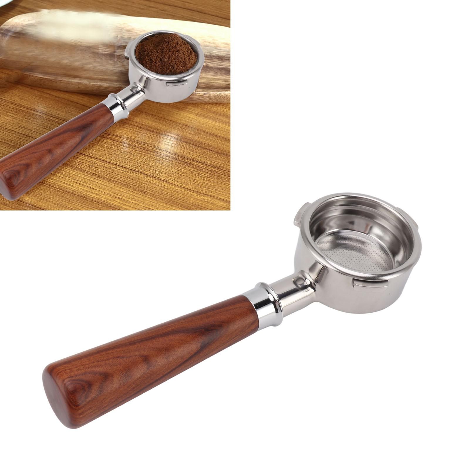 Offener, Bodenloser 58-mm-kaffeefilterhalter Mit Drei Zinken Und Einem Griff Aus Massivem Redwood-holz Für Barsetto-kaffeemaschinen