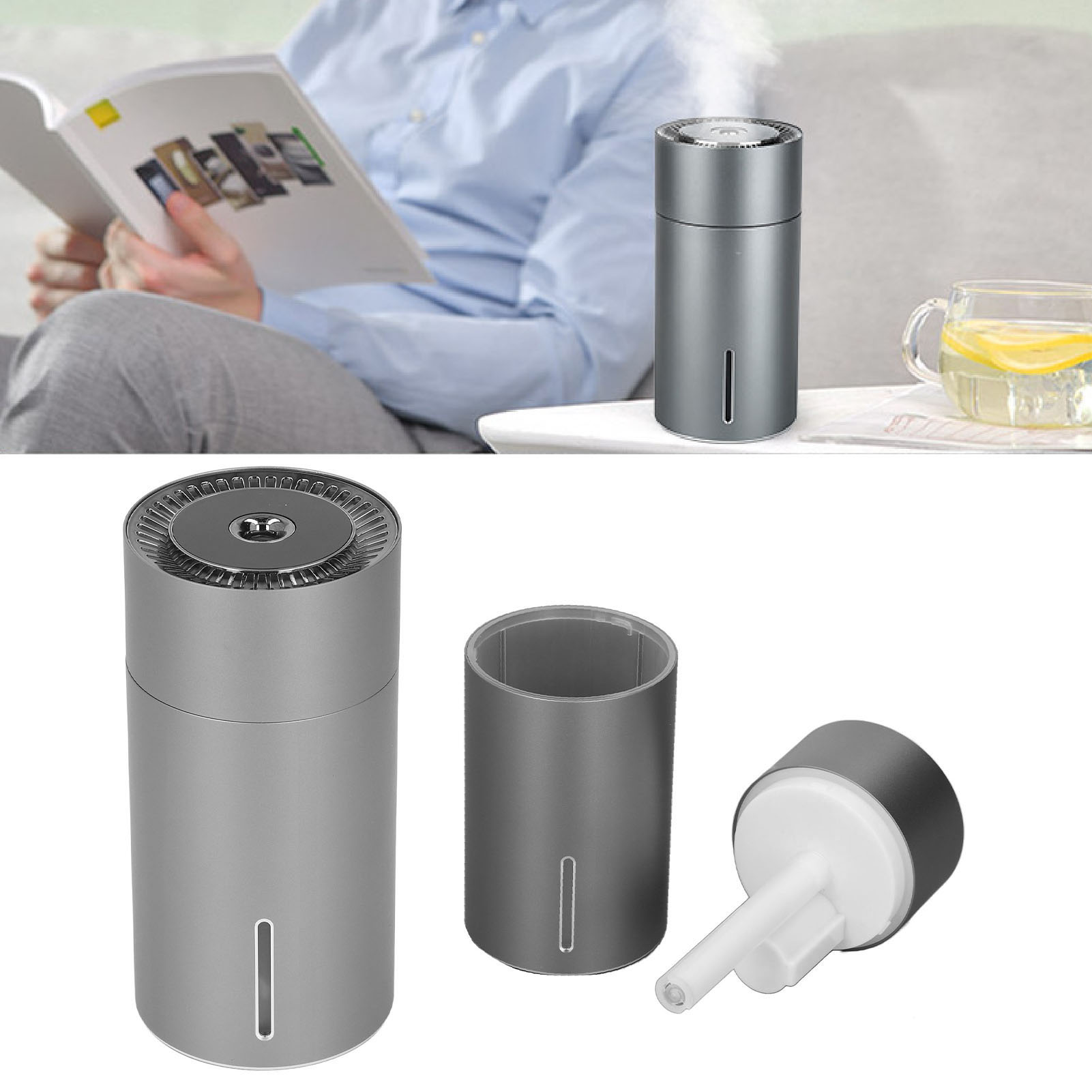 Usb-luftbefeuchter – Duftdiffusor Mit 3 Geschwindigkeitsstufen, Mini-aromatherapie Fürs Auto, Tragbar, Grau, 260 Ml, Abs-zinklegierung