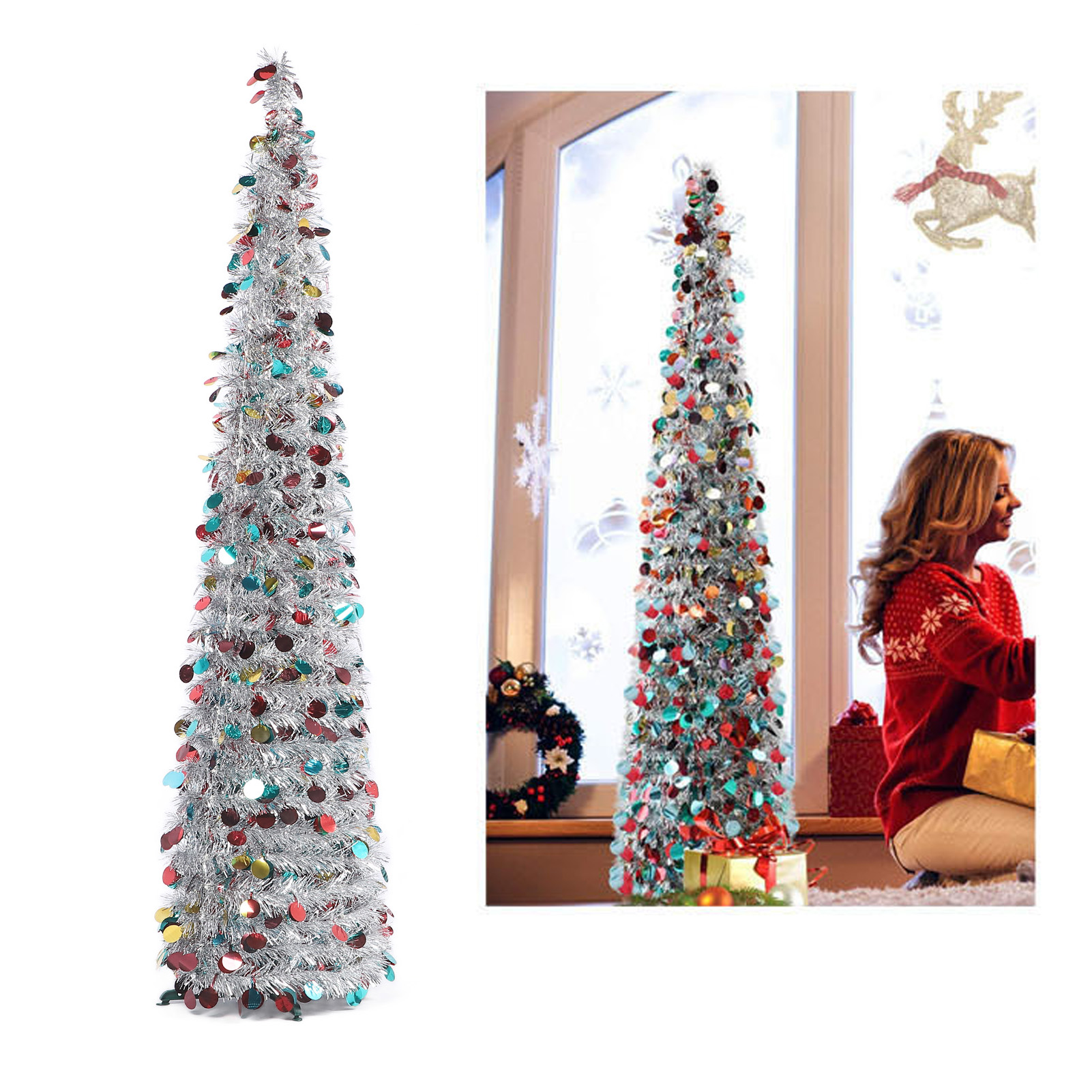 Künstlicher Weihnachtsbaum Aus Pet – 1,5 M (4,9 Fuß) Hoch, Einfach Aufzubauen Und Zu Verstauen, Mit Glitzer Für Festliche Dekoration, Silberfarben