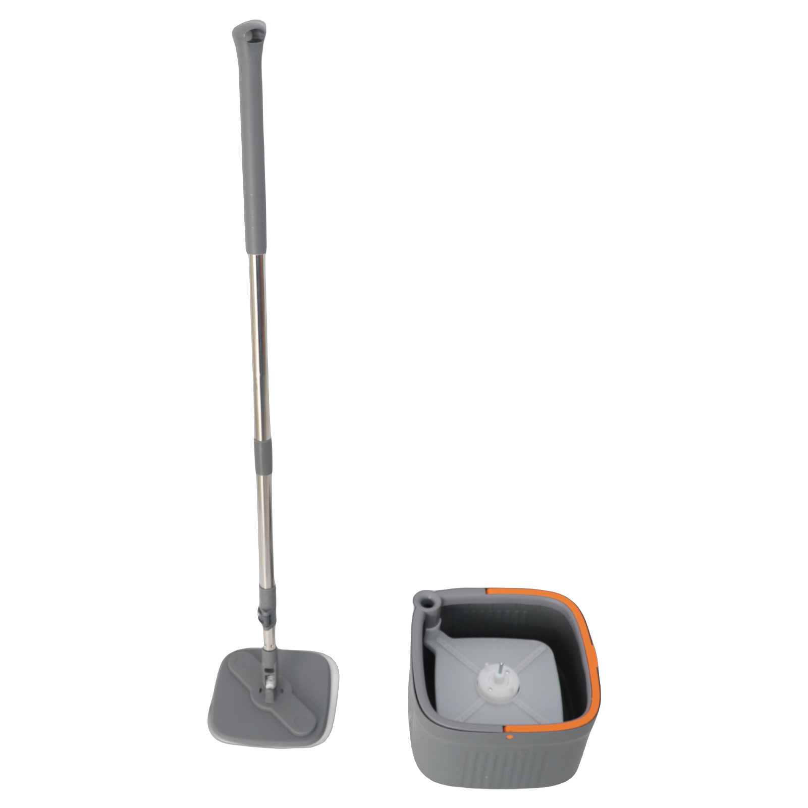 Rotierender Wischmopp Mit Selbstauswringendem Eimer, Mikrofaser, Nass-/trockenreinigungsset, Ersatzbezug Mit 2 Waschbaren Pads, Metall, Grau. Maße: Mopp: 135 Cm, Eimer: 30 X 30 X 19 Cm