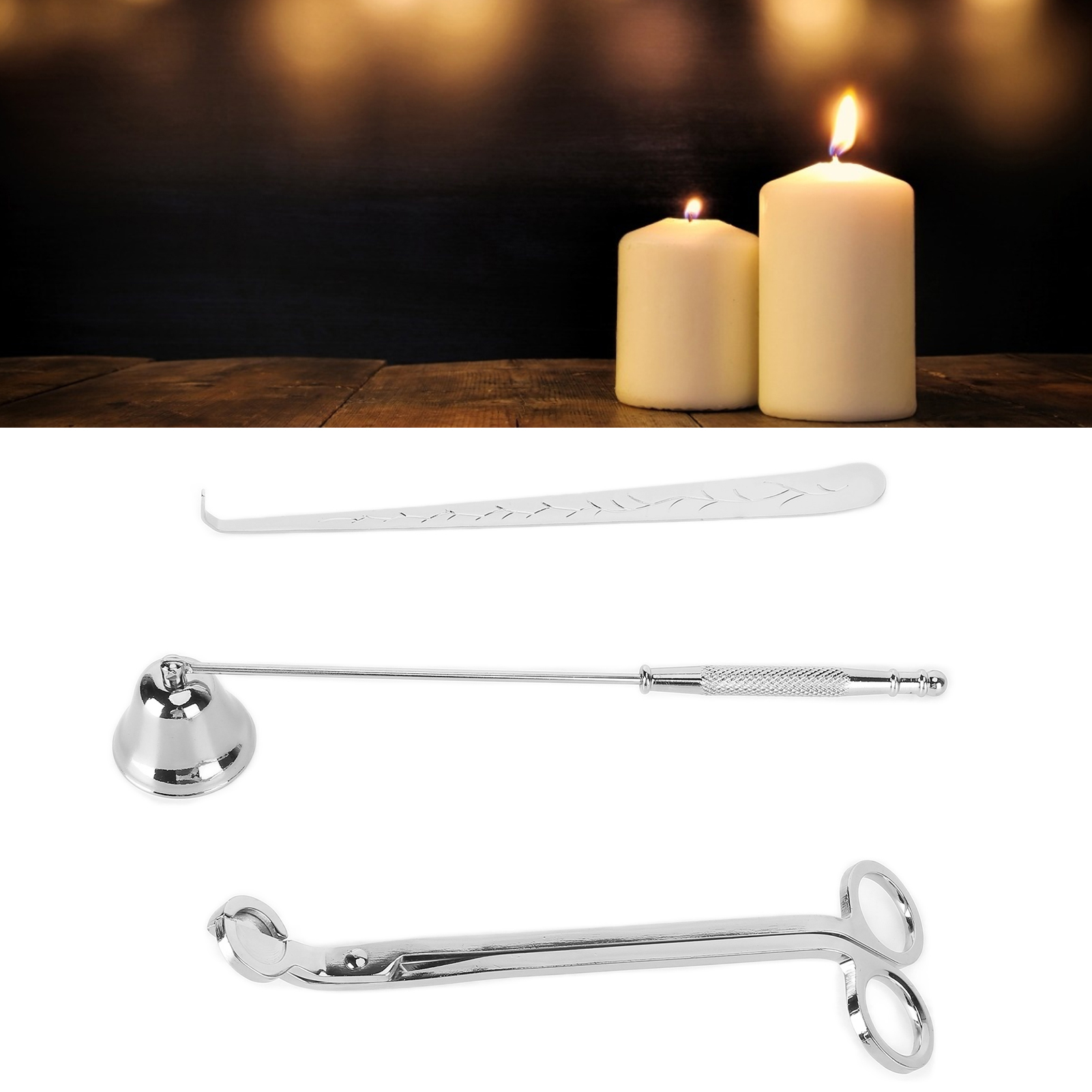 Kerzenzubehör-set Für Herren Aus Edelstahl Mit Dekorativem Dochtschneider, Dochtlöscher Und Dochtlöffel – 3-teilig, Silberfarben