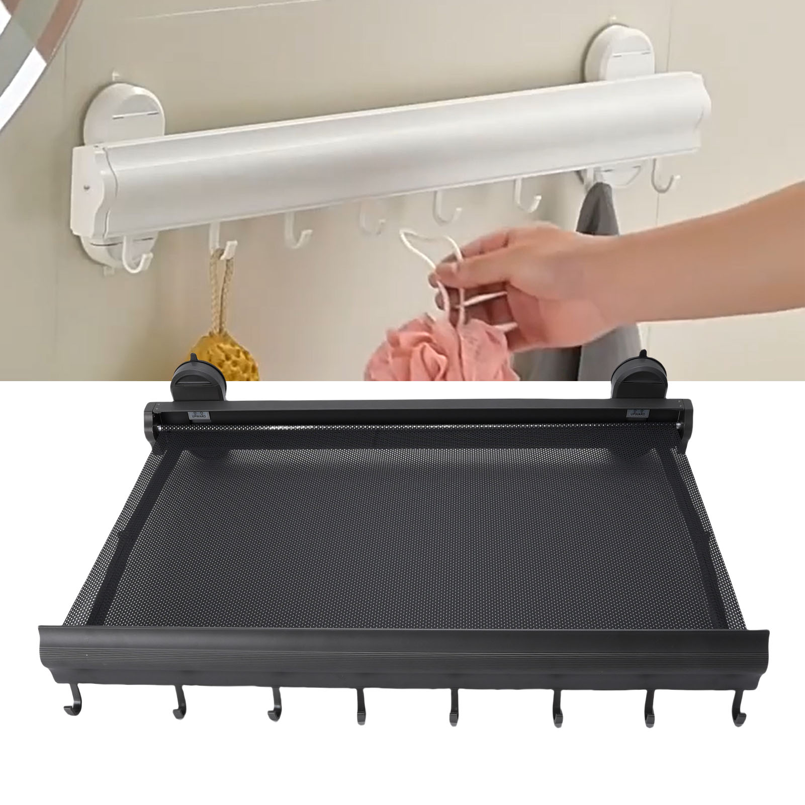 Verdeckter, Wandmontierter Wäschetrockner Mit Saugnapf, 60 Cm, Grau, Mit 8 Haken, Aus Aluminium, Pp Und Stretch-nylon