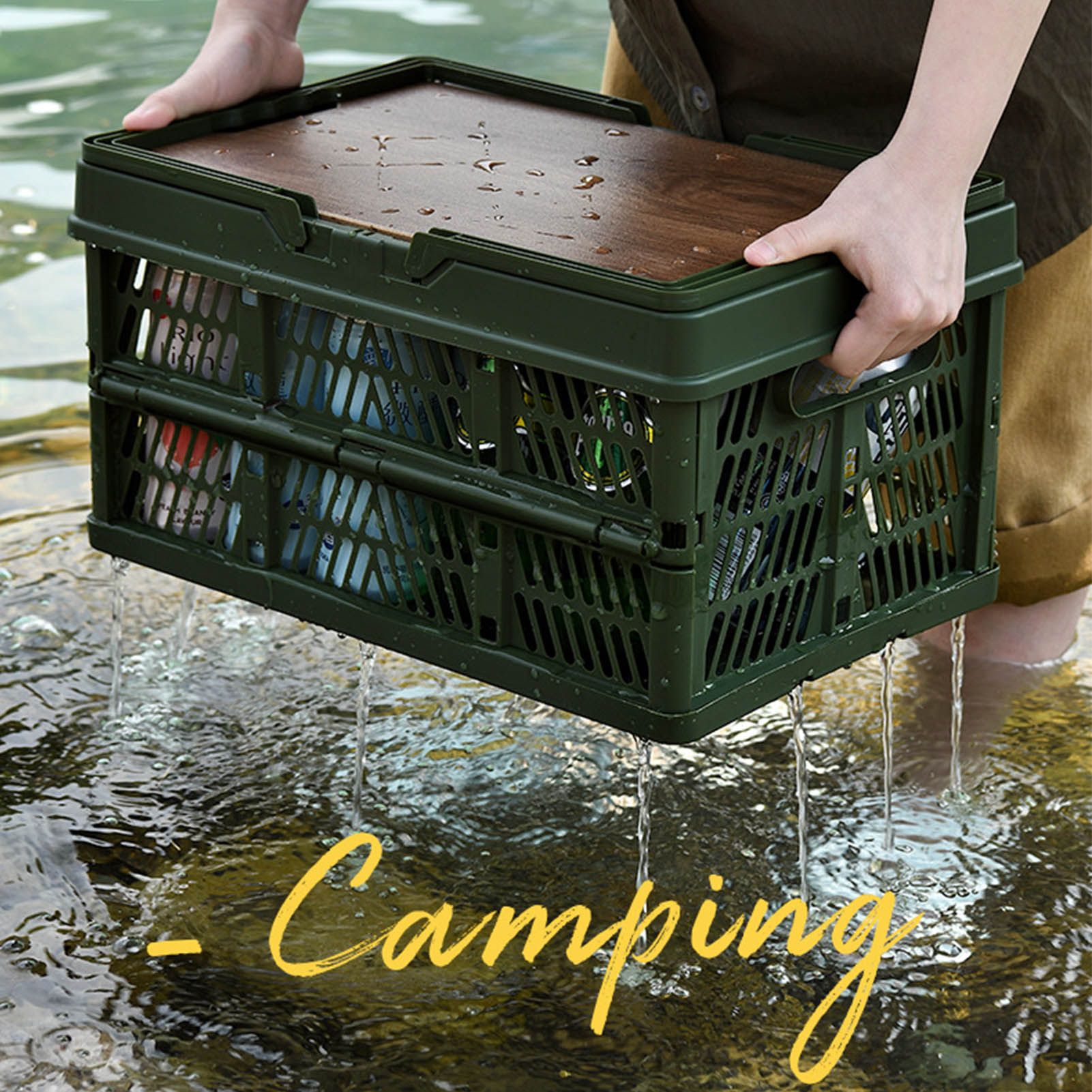 Mehrzweck-campingkorb Mit Holztablett – Aufbewahrungskorb Für Camping Und Picknick, Großes Fassungsvermögen, Wasserdicht Und Faltbar, Modell S Grün