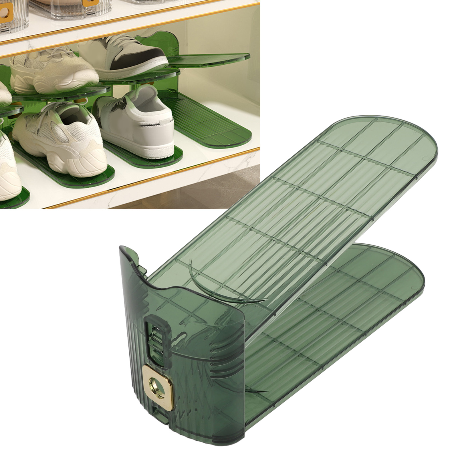 Doppelstöckiges Schuhregal Für Den Kleiderschrank – Modulares Aufbewahrungssystem Aus Grünem Pet – Set Mit 2 Regalen Und 6 Rutschfesten Zubehörteilen