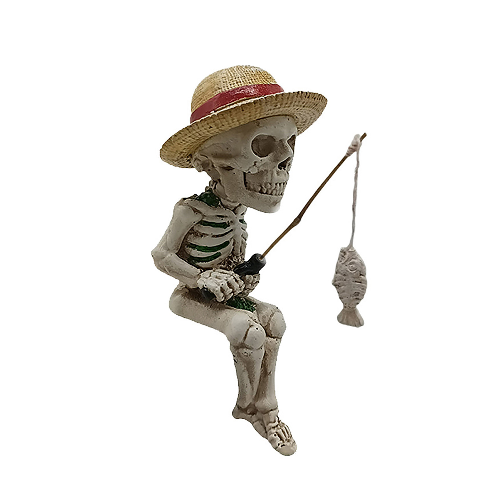 [3d-dekorationsskulptur] - Gotische Fischerschädel-skulptur Aus Kunstharz, Dekoration Für Garten/teich/brunnen (abnehmbare Angelrute + Kleberückseite, Strohhut)