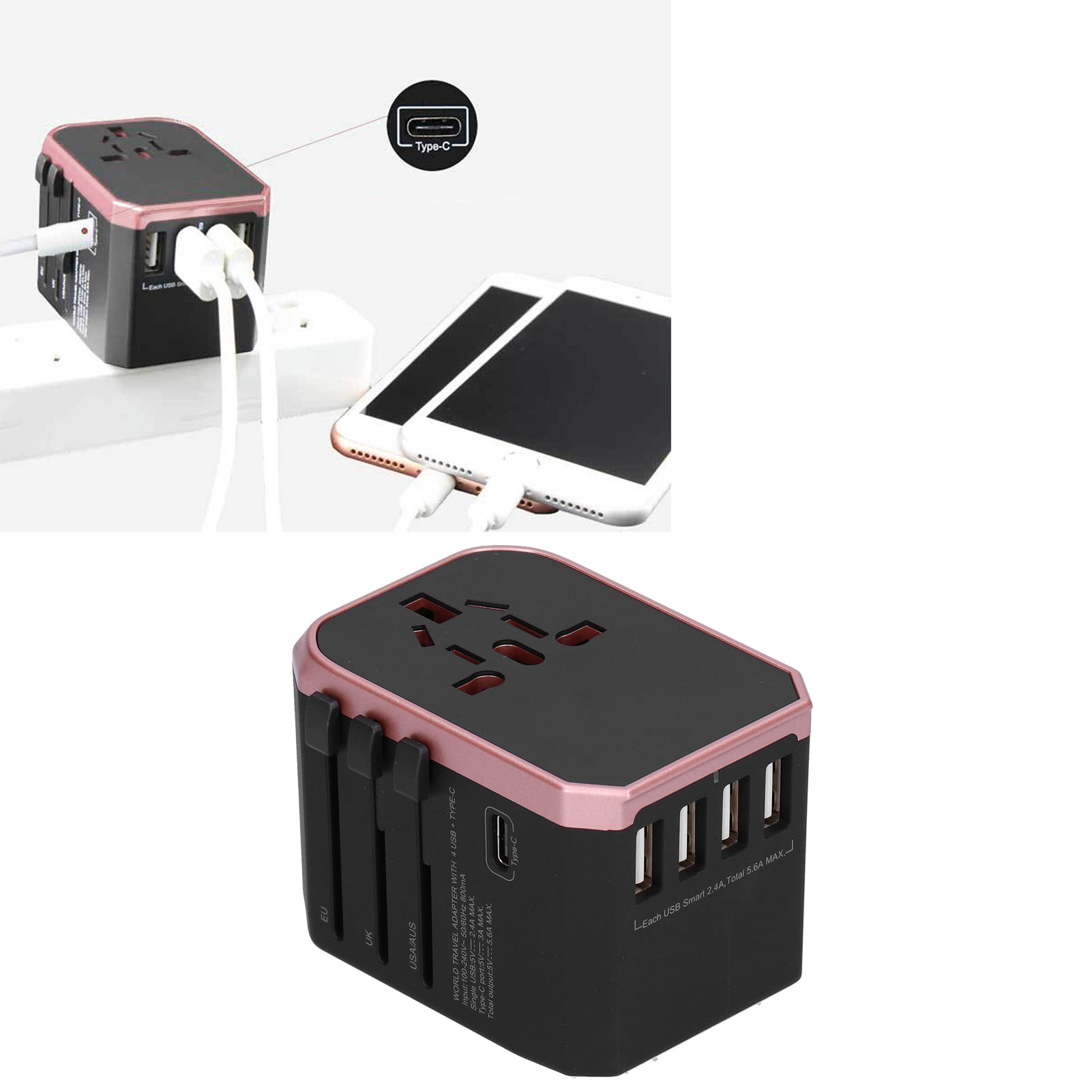 Internationaler Reiseadapter Mit 4 Usb-anschlüssen + Usb-c-anschluss Für China (pink) – Abs – 2000 W