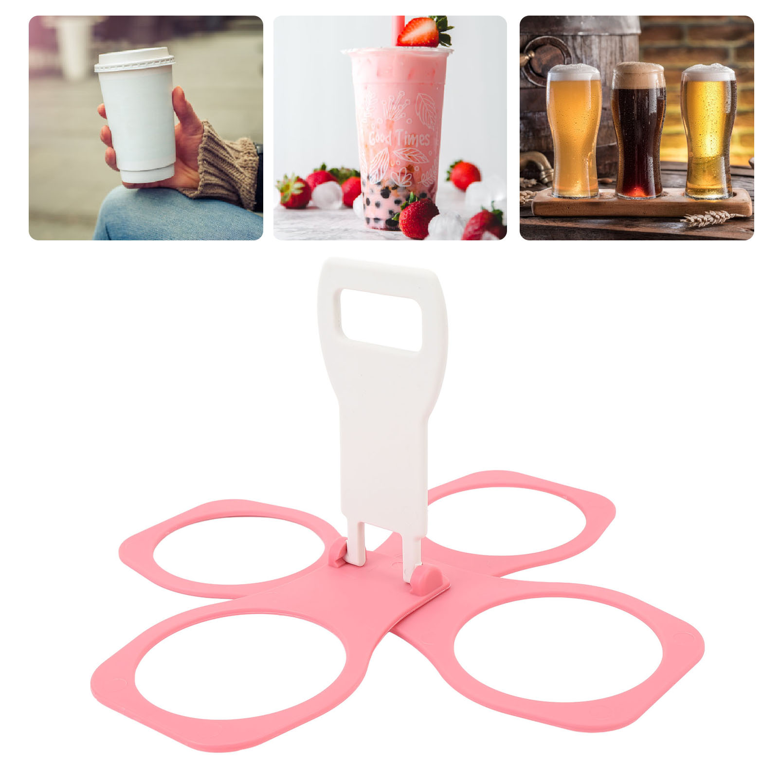 Tragbarer Getränkehalter Mit 4 Löchern, Leichtem Kunststoff, Faltbar, Mit Griff Für Kaffee Und Bier, Pink [getränkehalter/flaschenhalter] [lochdurchmesser: 7,3 Cm] [material: Kunststoff] [kapazität: 4