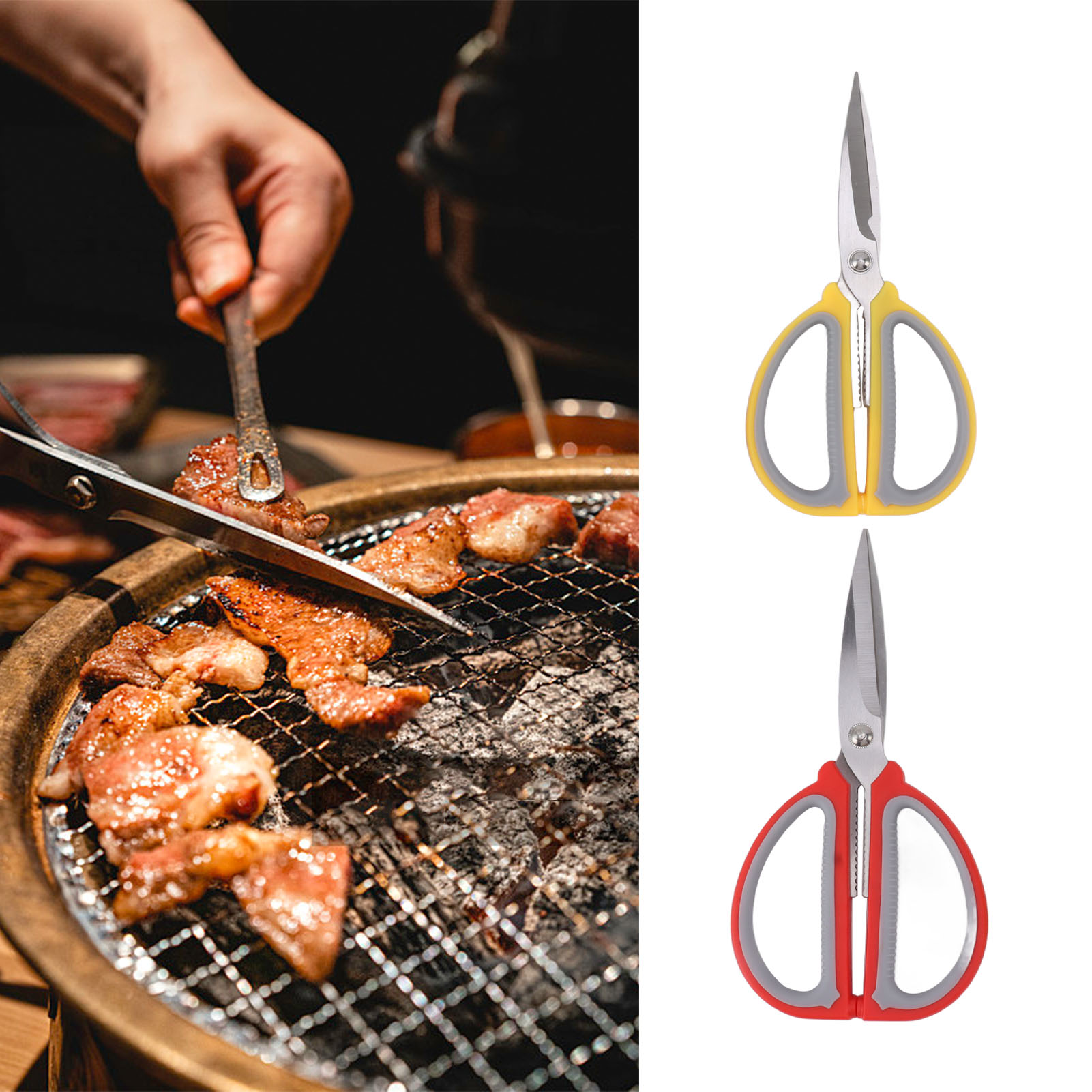 Professionelle Küchenschere, 2er-pack Mit Edelstahlklingen Und Wellenschliff – Zum Schneiden Von Geflügel Und Fleisch – Rot Und Gelb – Abmessungen: 19,3 X 10,8 Cm Und 17,3 X 8,8 Cm