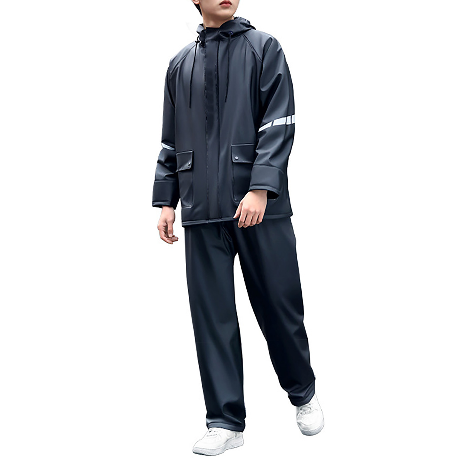 Zweiteiliger, Wasserdichter Herrenanzug Mit Reflektorstreifen – Jacke Und Hose Separat, Pvc, Schwarz, Größe L