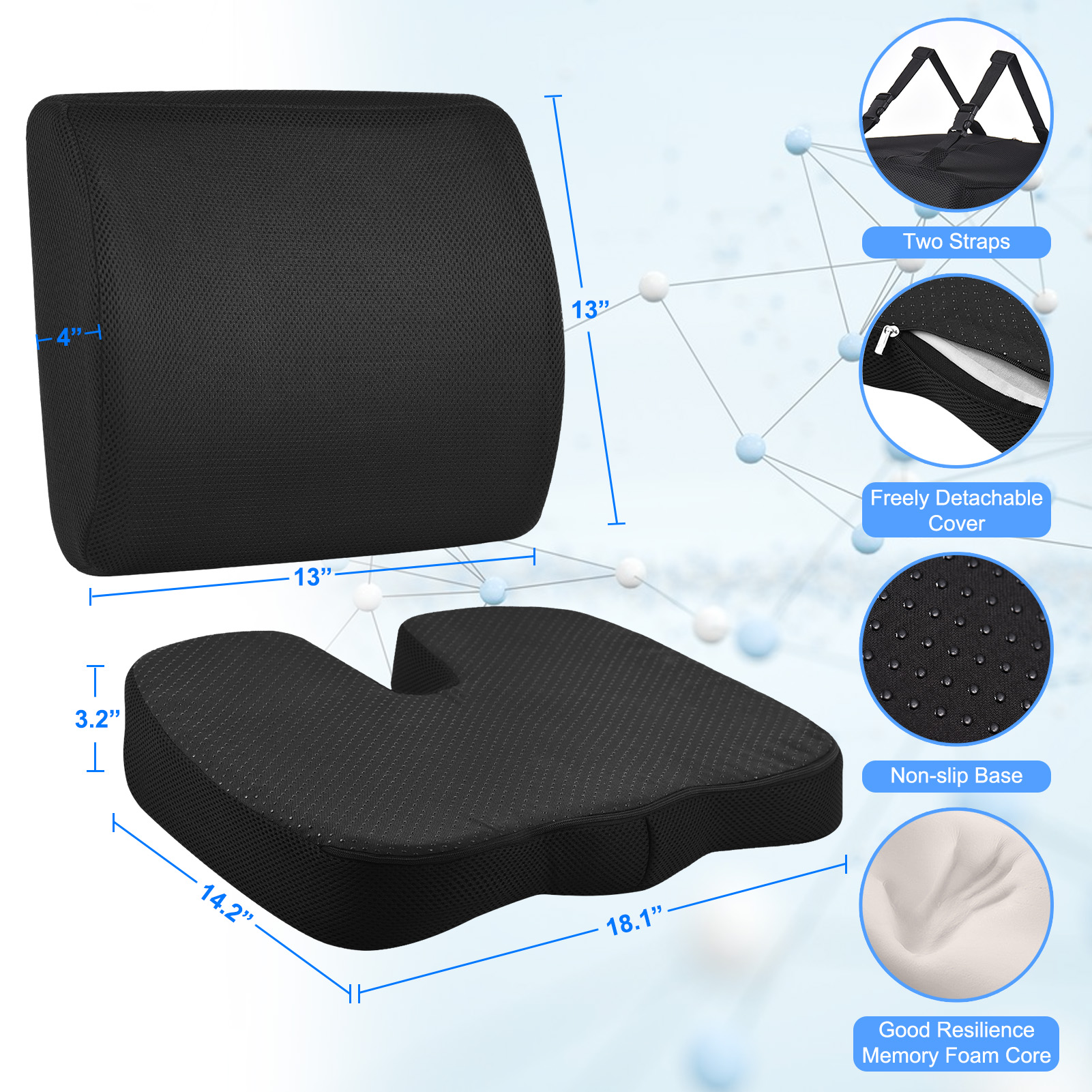 Aoresac Sitzkissen & Lendenwirbelstütze Mit Verstellbarem Gurt – Ergonomisches Kissen Aus 100 % Memory-schaum Für Büro/auto/reisen