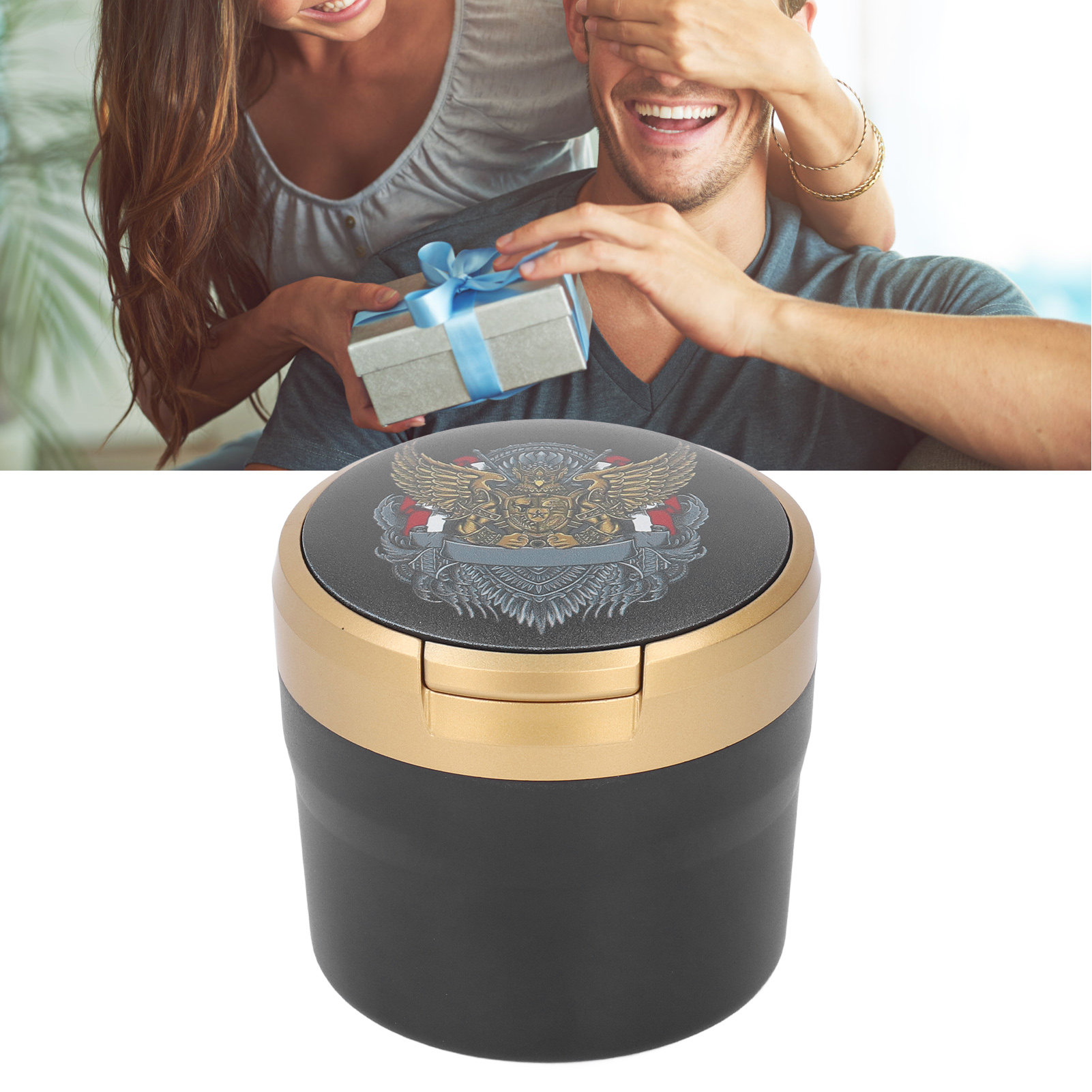 Tragbarer Led-autoaschenbecher Aus Abs Mit Rauchdiffusorabdeckung, Modell Golden Eagle Black